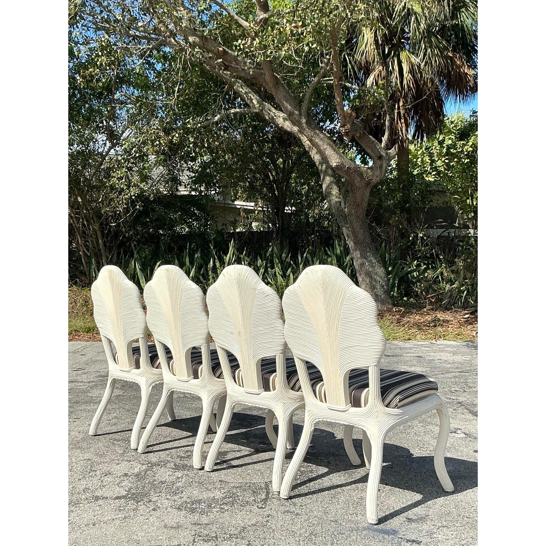 Fabric Vintage Coastal Pencil Reed a Flower Back Dining Chairs - Set of 4 For Sale