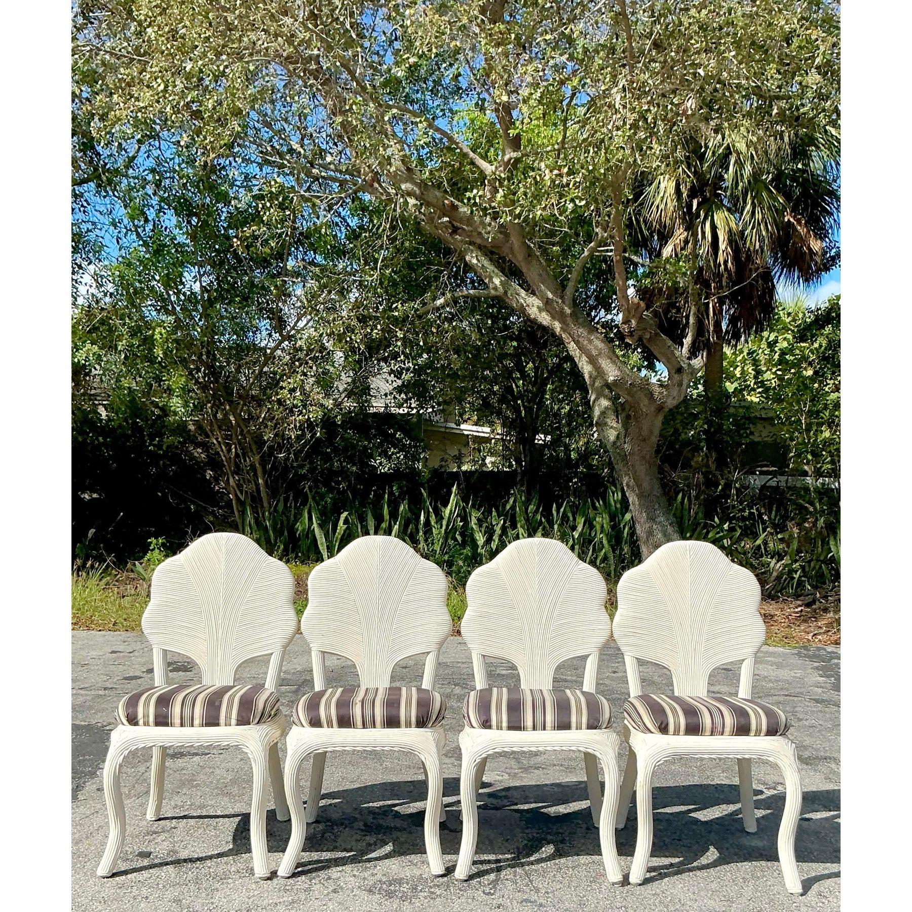Vintage Coastal Pencil Reed a Flower Back Dining Chairs - Set of 4 For Sale 1