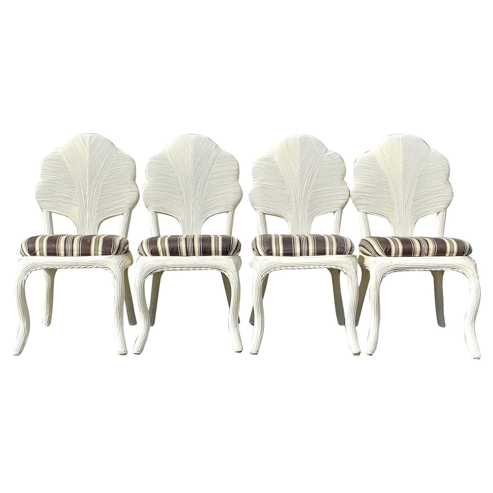 Vintage Coastal Pencil Reed a Flower Back Dining Chairs - Set of 4