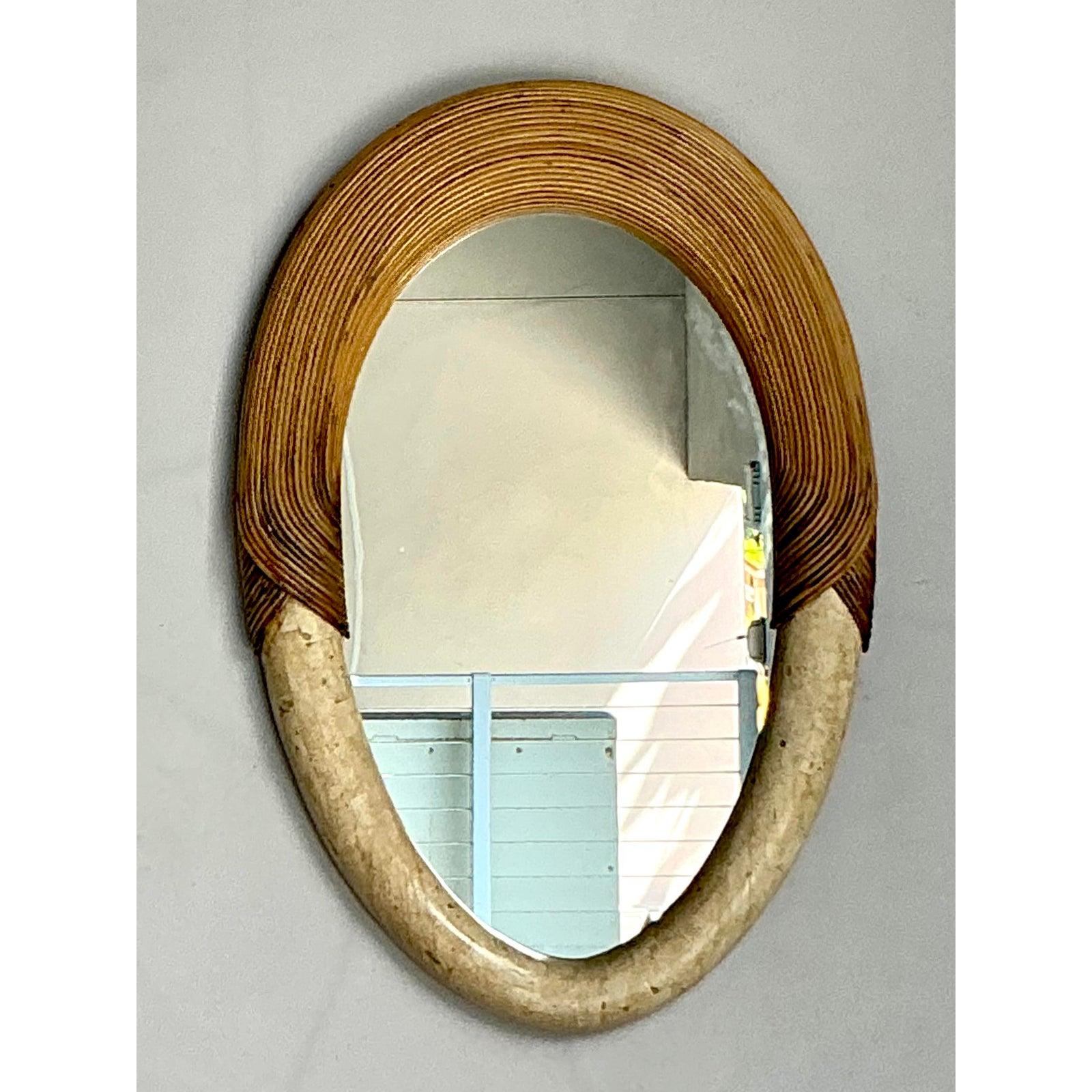Mid-Century Modern Vintage Coastal Pencil Reed and Stone Mirror (Miroir en roseau et pierre) en vente