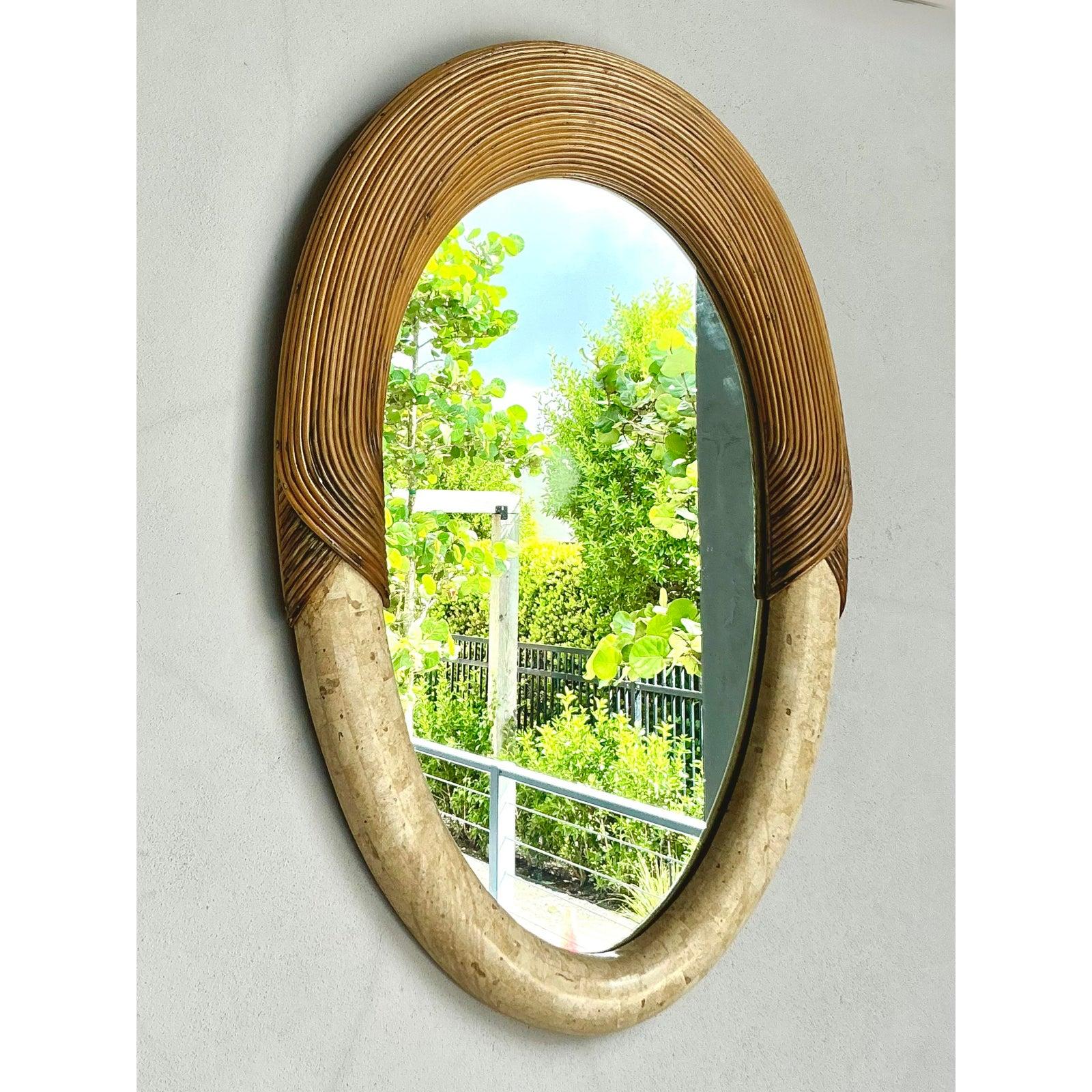 Philippin Vintage Coastal Pencil Reed and Stone Mirror (Miroir en roseau et pierre) en vente