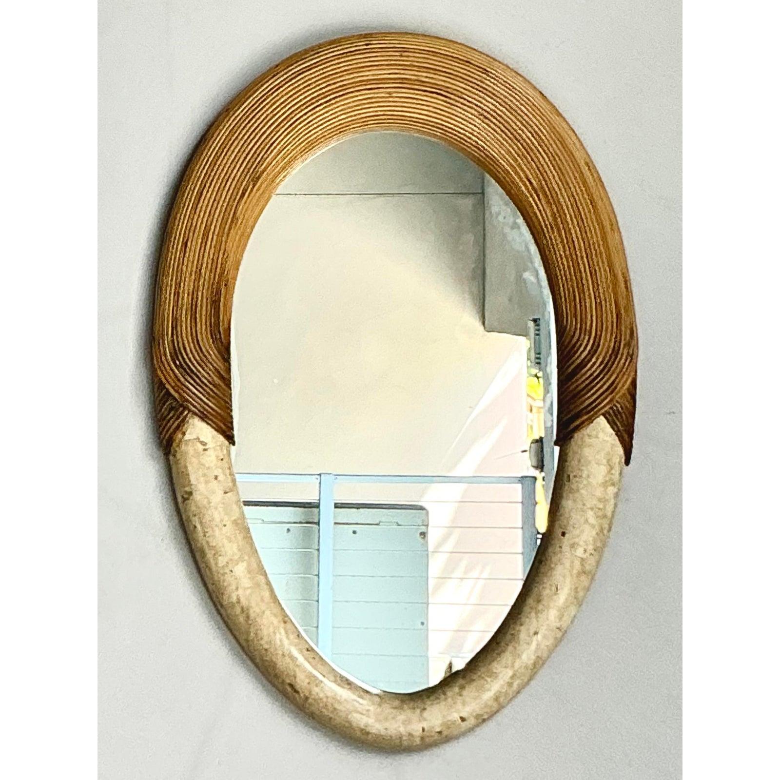 20ième siècle Vintage Coastal Pencil Reed and Stone Mirror (Miroir en roseau et pierre) en vente