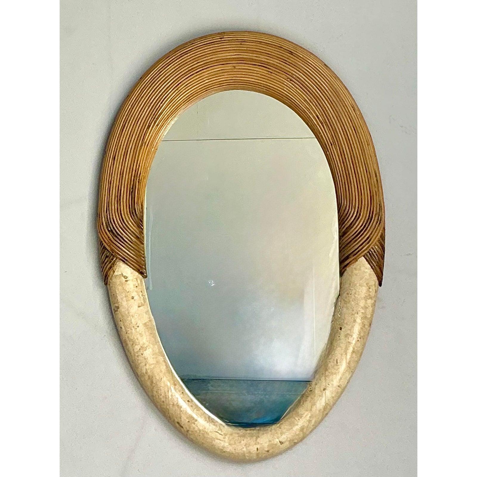 Pierre Vintage Coastal Pencil Reed and Stone Mirror (Miroir en roseau et pierre) en vente