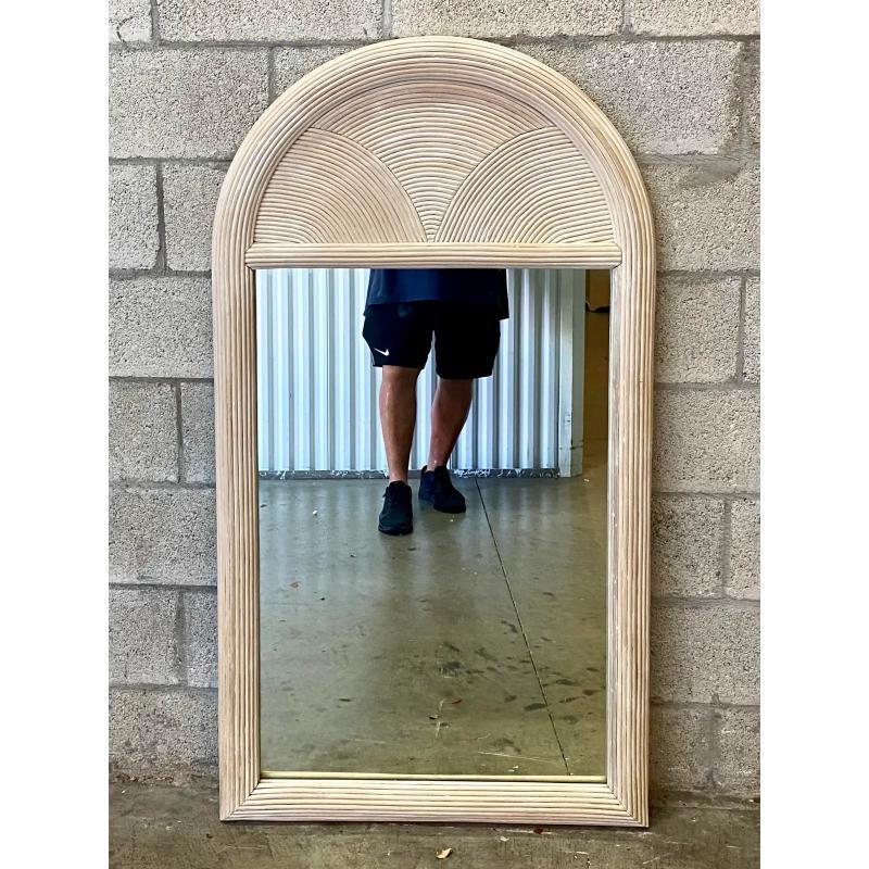 Bohemian Vintage Coastal Pencil Reed Arched Mirror For Sale