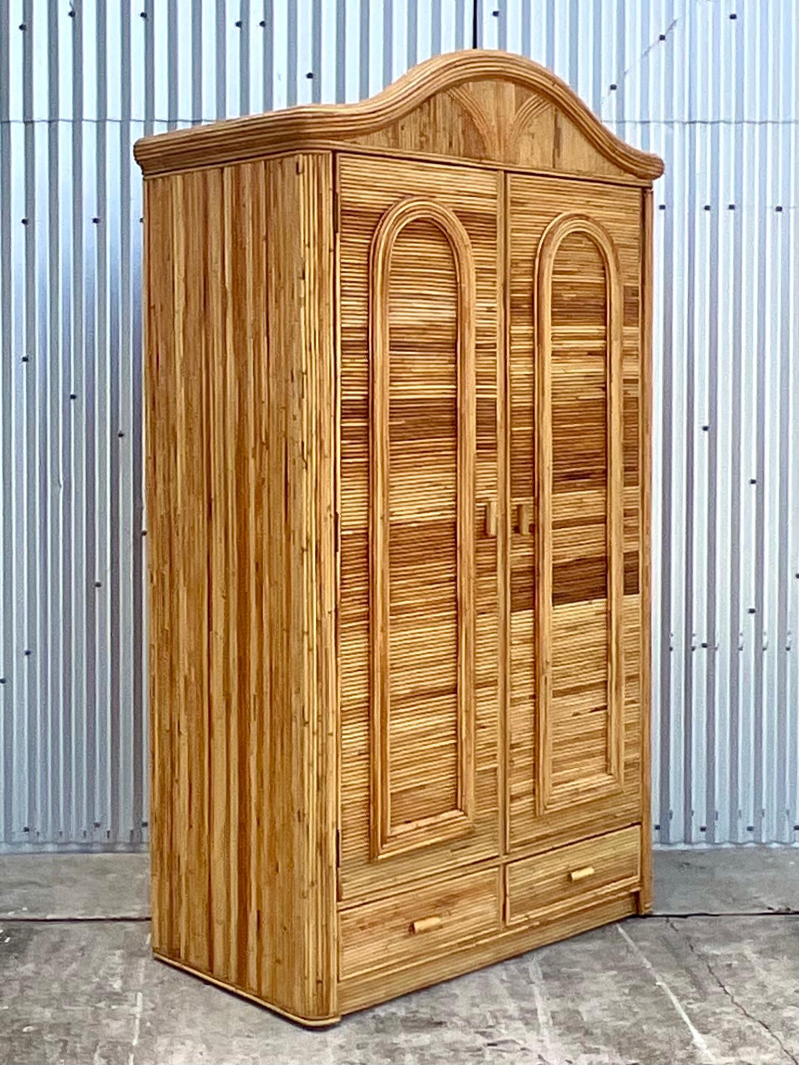 Vintage Coastal Pencil Reed Armoire In Good Condition In west palm beach, FL