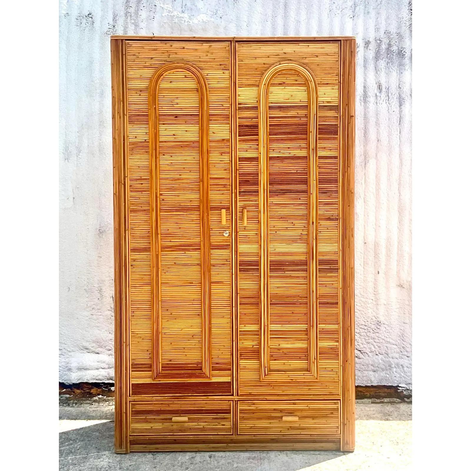 Vintage Coastal Pencil Reed Armoire 1