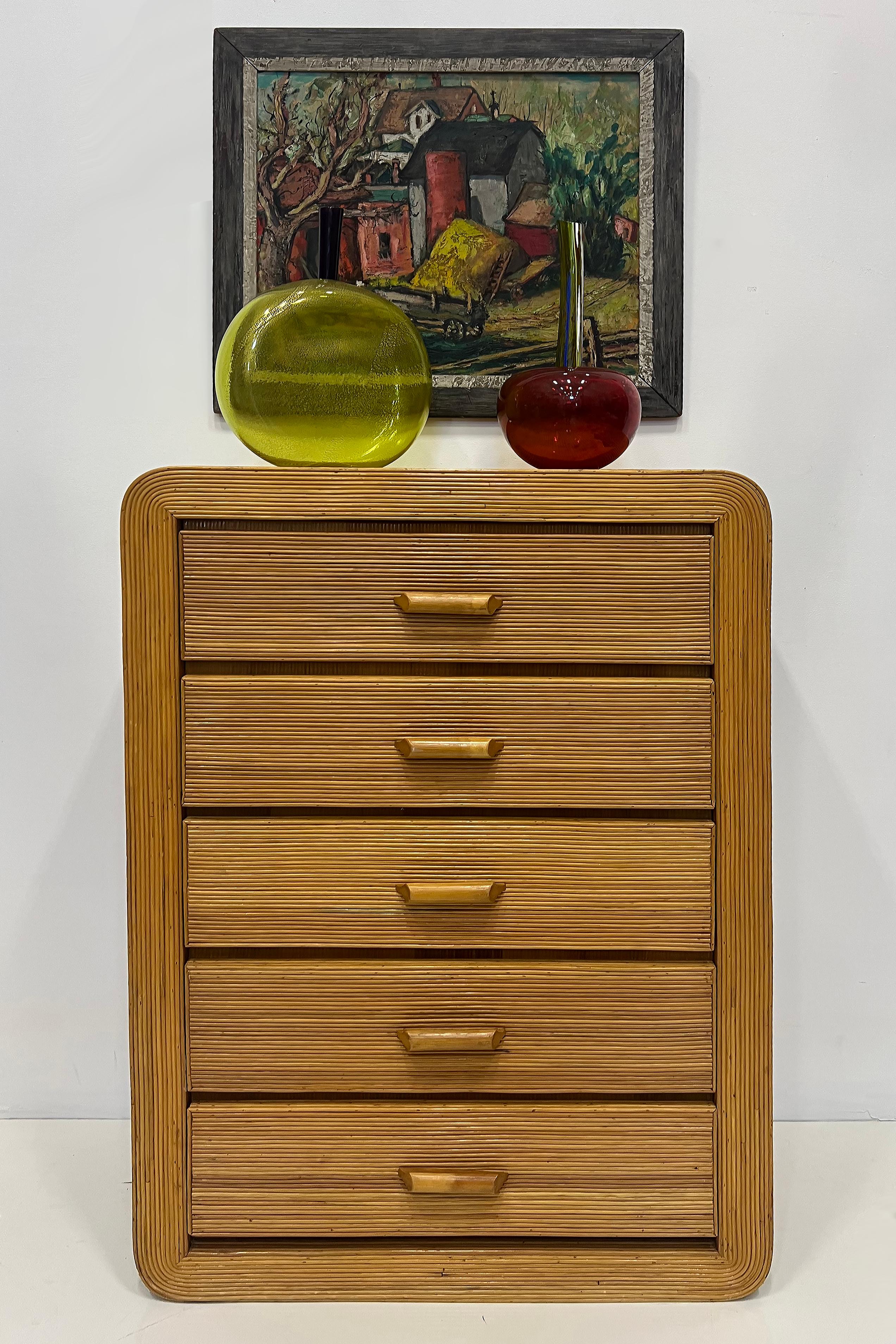 Vintage Coastal Pencil Reed Chest of Drawers, Gabriela Crespi Manner

Offered for sale is a vintage Coastal pencil reed chest of drawers created after Gabriela Crespi.  There are 5 evenly sized drawers providing ample storage. The top of the chest