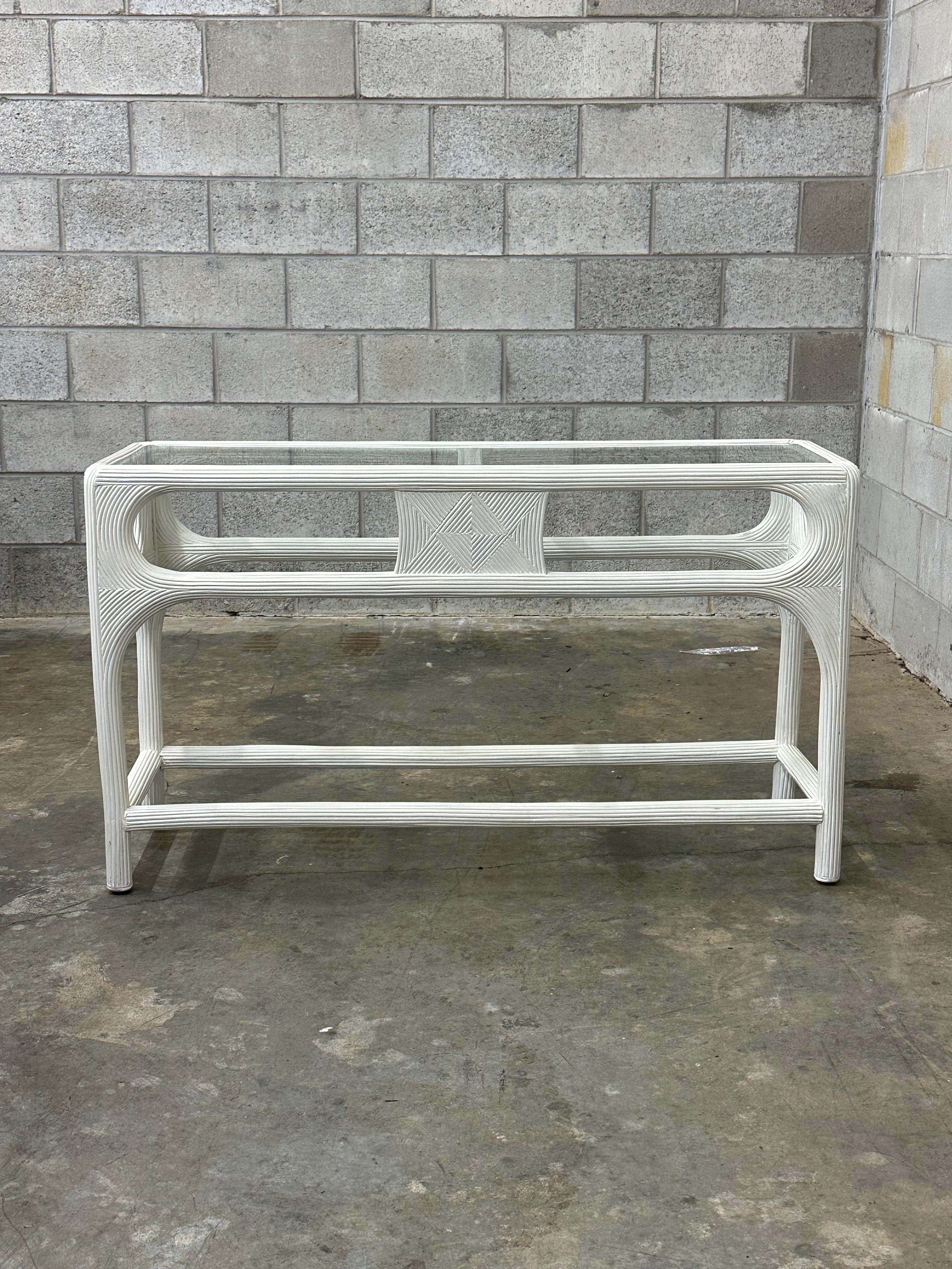 Bohemian Vintage Coastal Pencil Reed Console Table For Sale