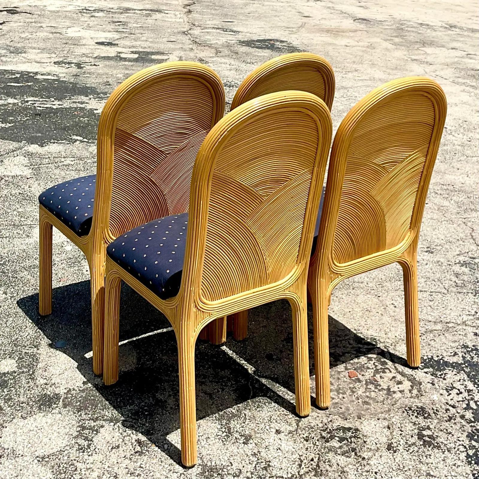 Philippine Vintage Coastal Pencil Reed Dining Chairs, Set of 4