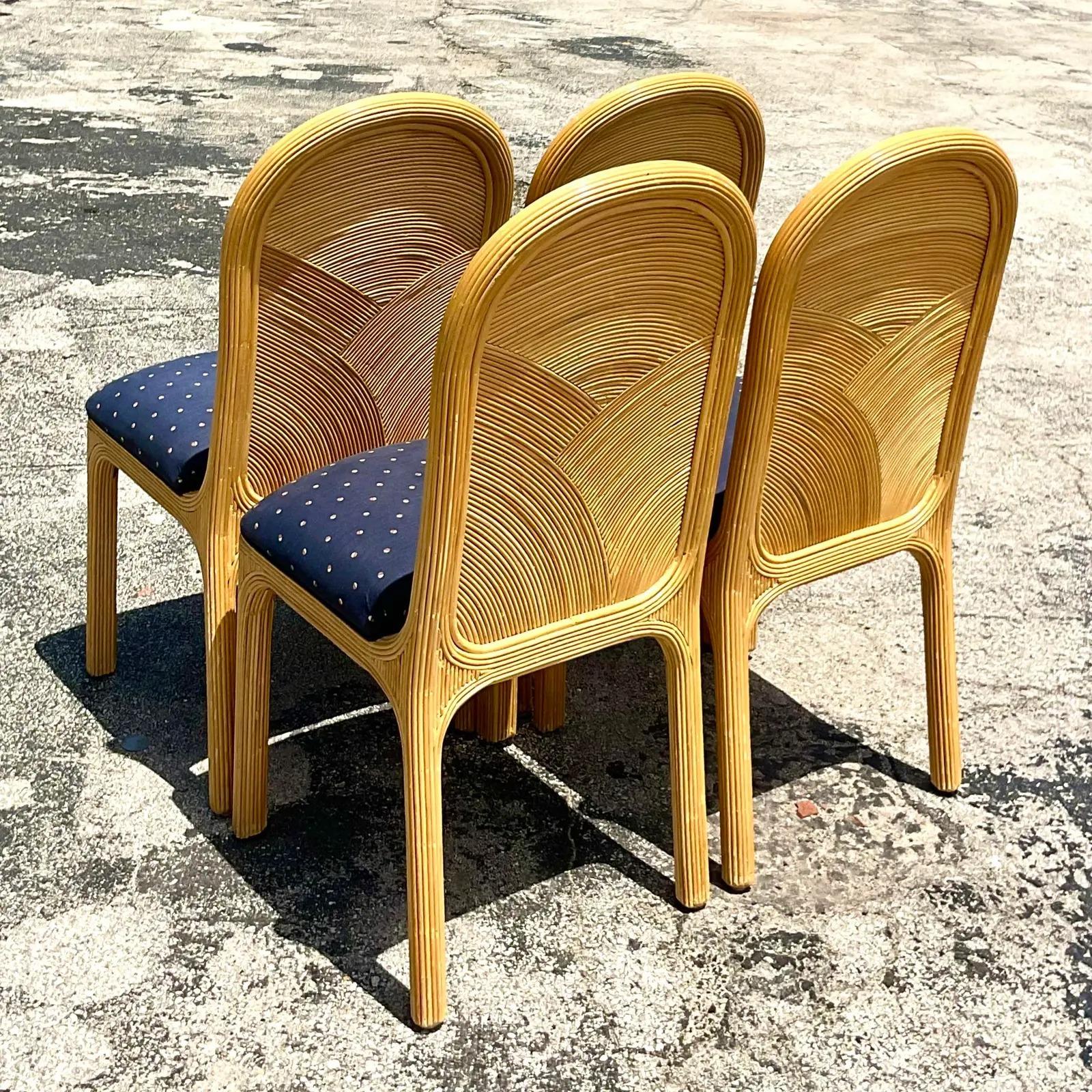 Vintage Coastal Pencil Reed Dining Chairs, Set of 4 In Good Condition In west palm beach, FL