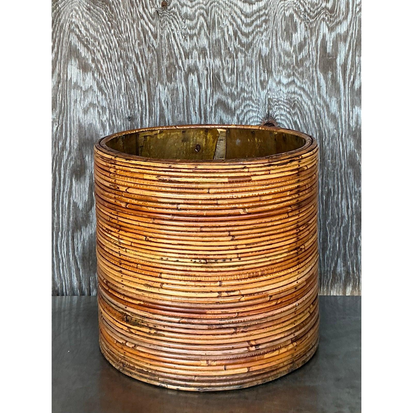 Ajoutez une touche de texture organique à votre espace avec ce tambour en roseau vintage côtier. Fabriquée avec un soin méticuleux, cette pièce cylindrique est composée de roseaux de crayon étroitement tissés, enveloppés dans des teintes chaudes de
