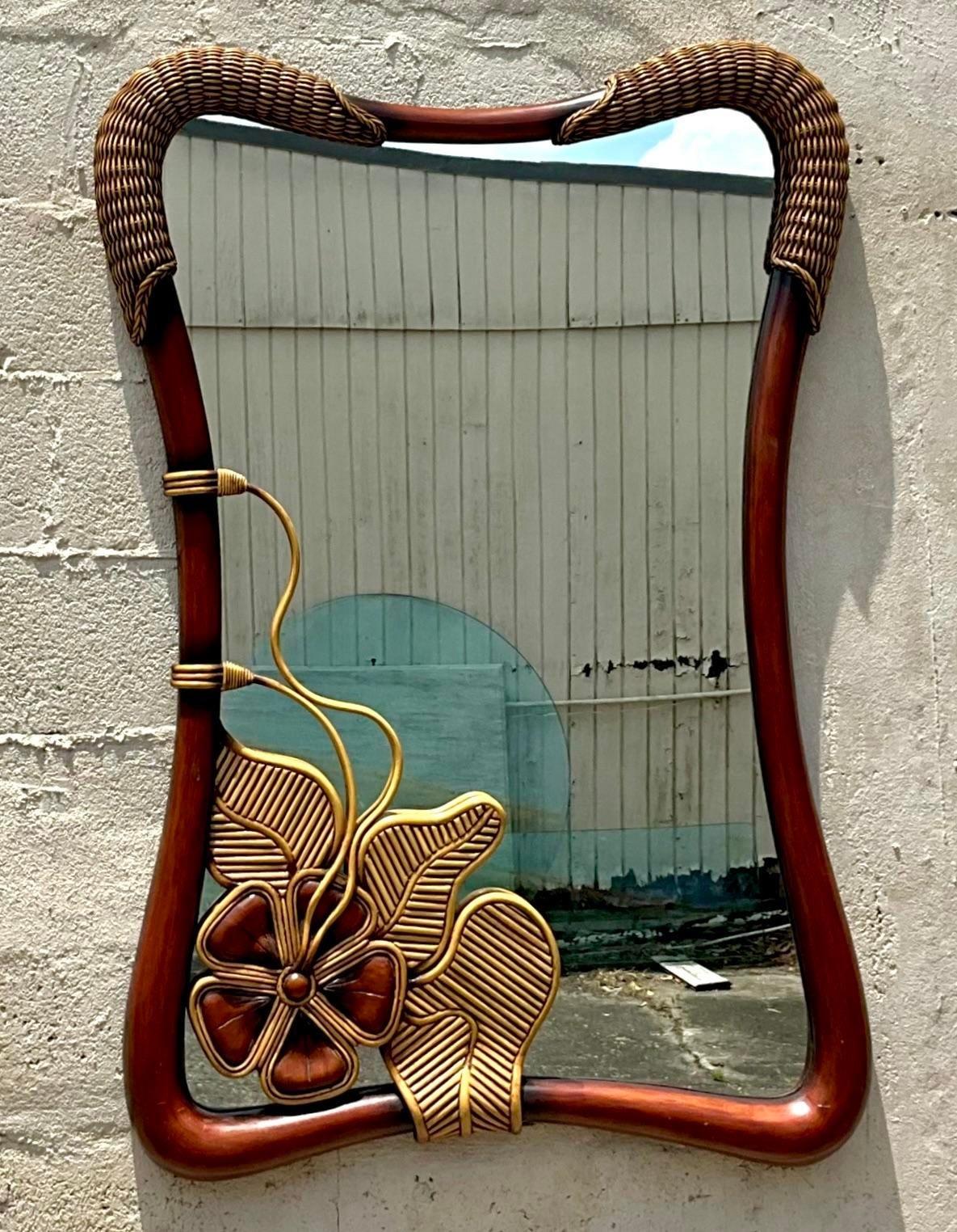 Miroir crayon côtier vintage à fleurs de roseau Bon état - En vente à west palm beach, FL
