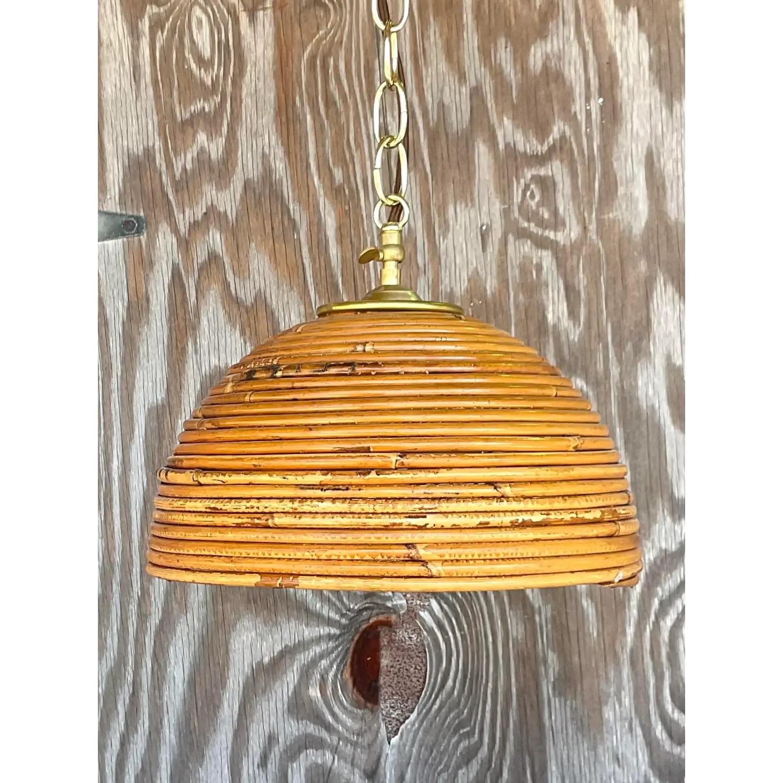 Vintage Coastal Pencil Reed Hanging Lamp In Good Condition In west palm beach, FL