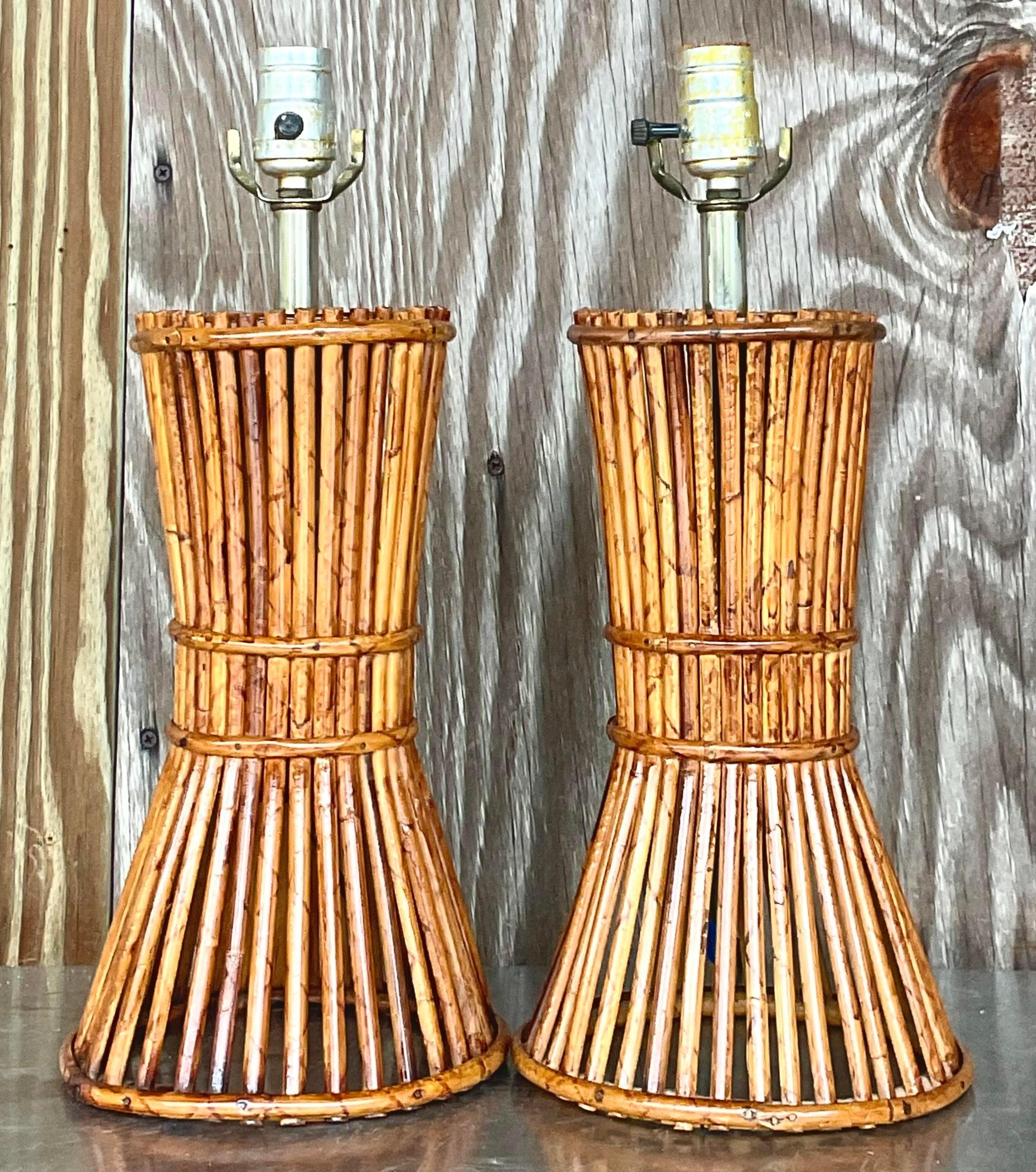 Philippine Vintage Coastal Pencil Reed Lamps - a Pair