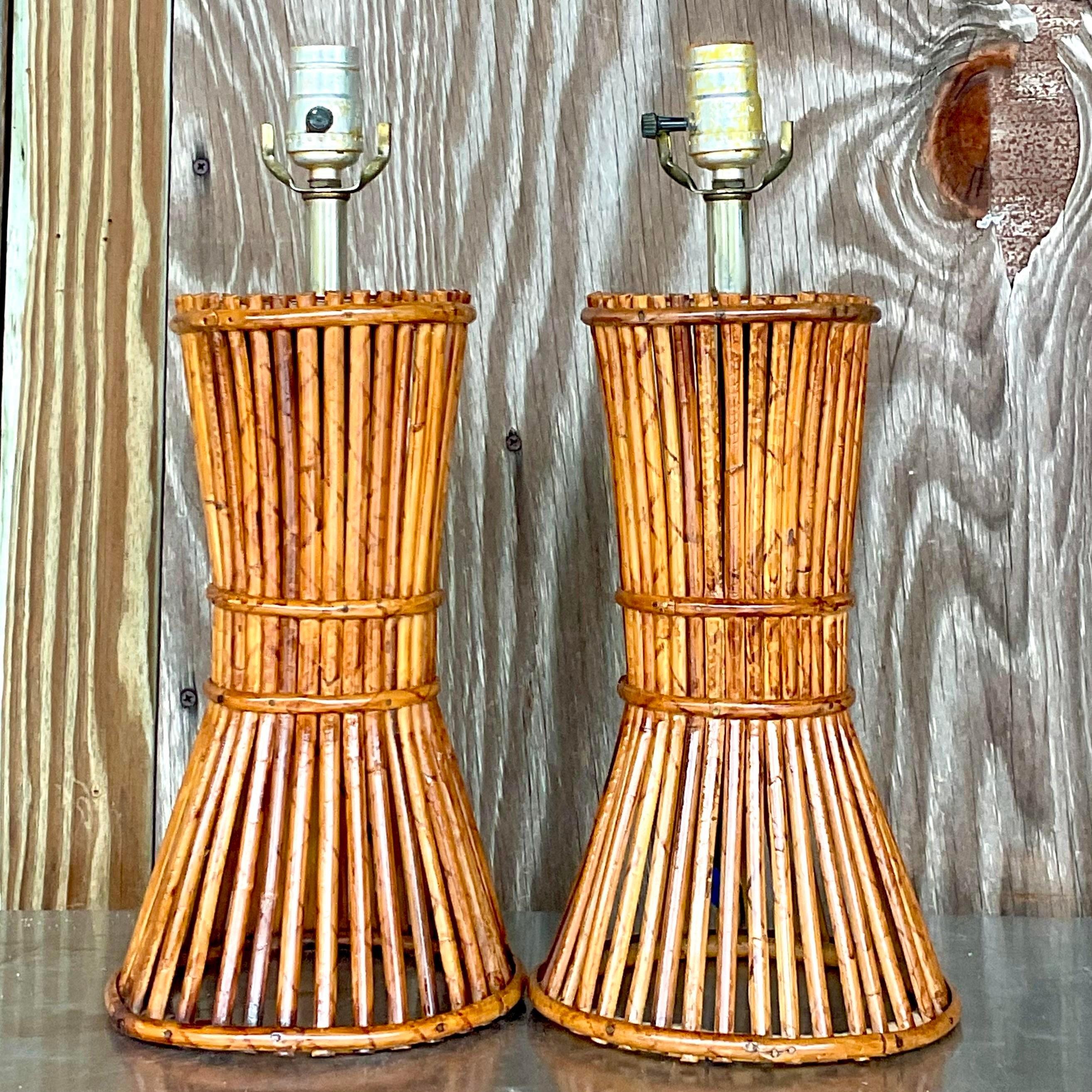 Vintage Coastal Pencil Reed Lamps - a Pair In Good Condition In west palm beach, FL