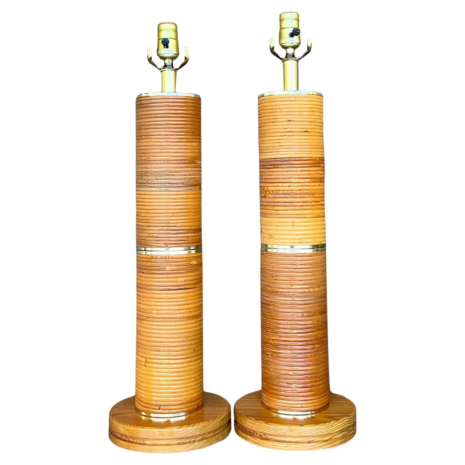 Vintage Coastal Pencil Reed Lamps, a Pair