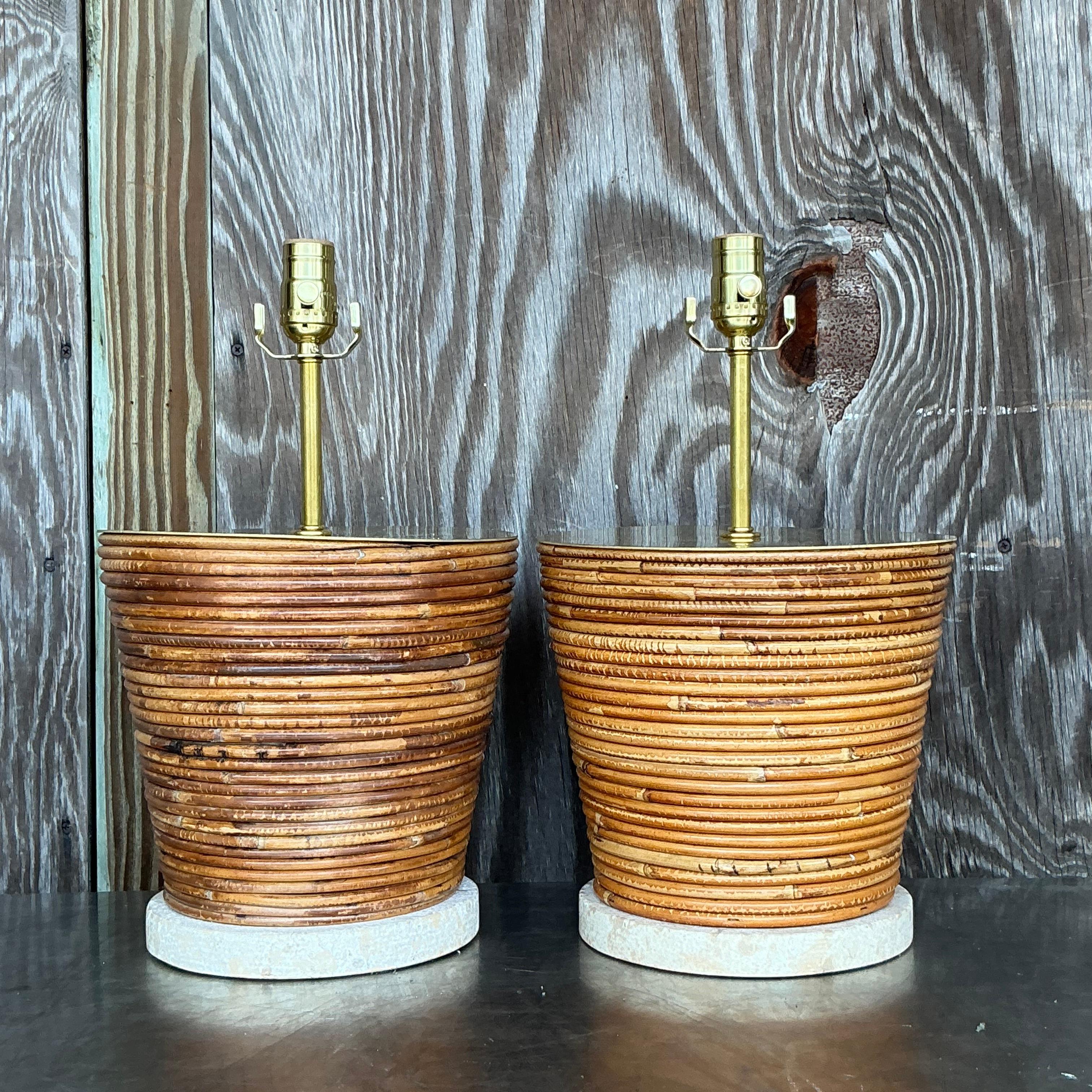American Vintage Coastal Pencil Reed Lamps With Brass Hardware - a Pair For Sale
