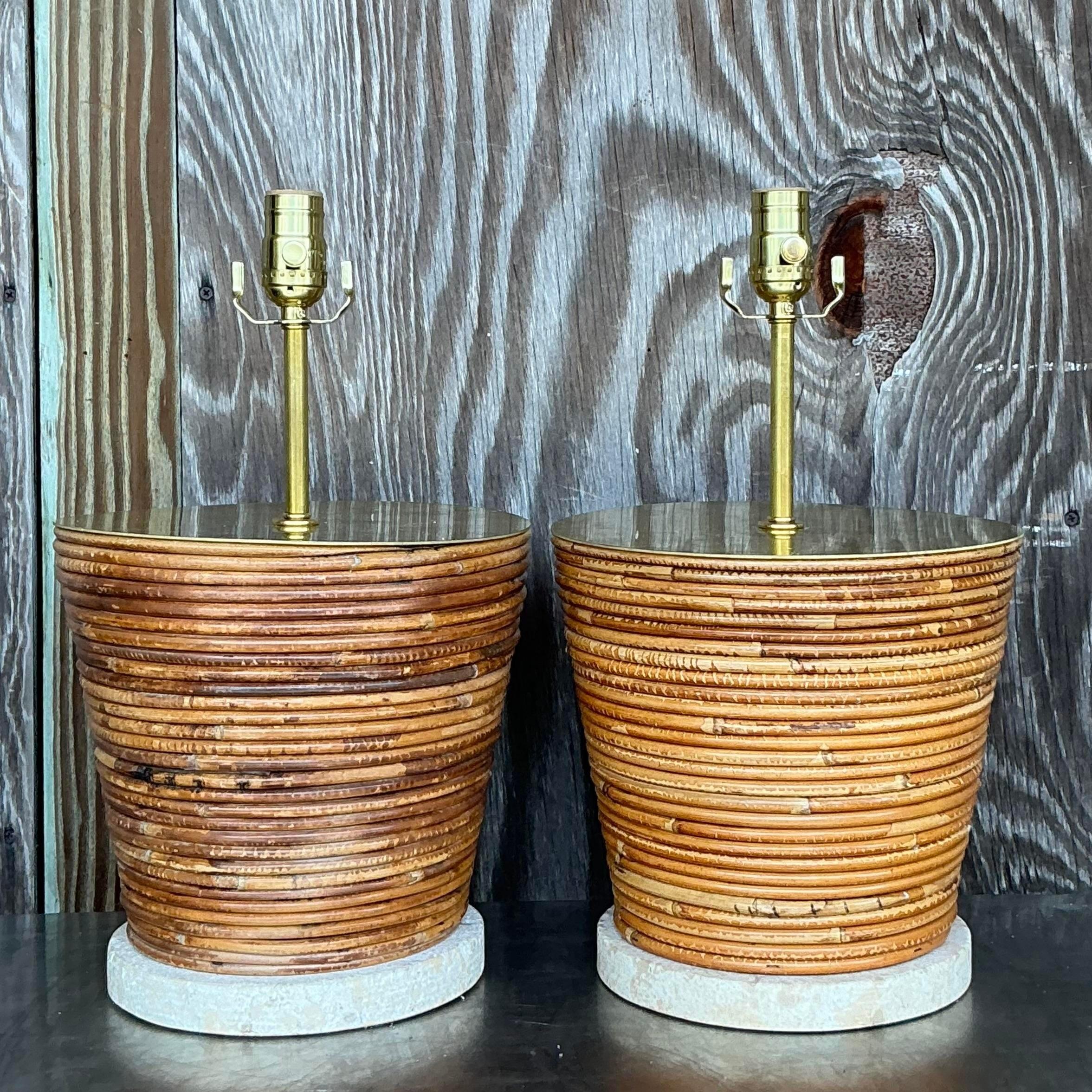 Vintage Coastal Pencil Reed Lamps With Brass Hardware - a Pair In Good Condition For Sale In west palm beach, FL
