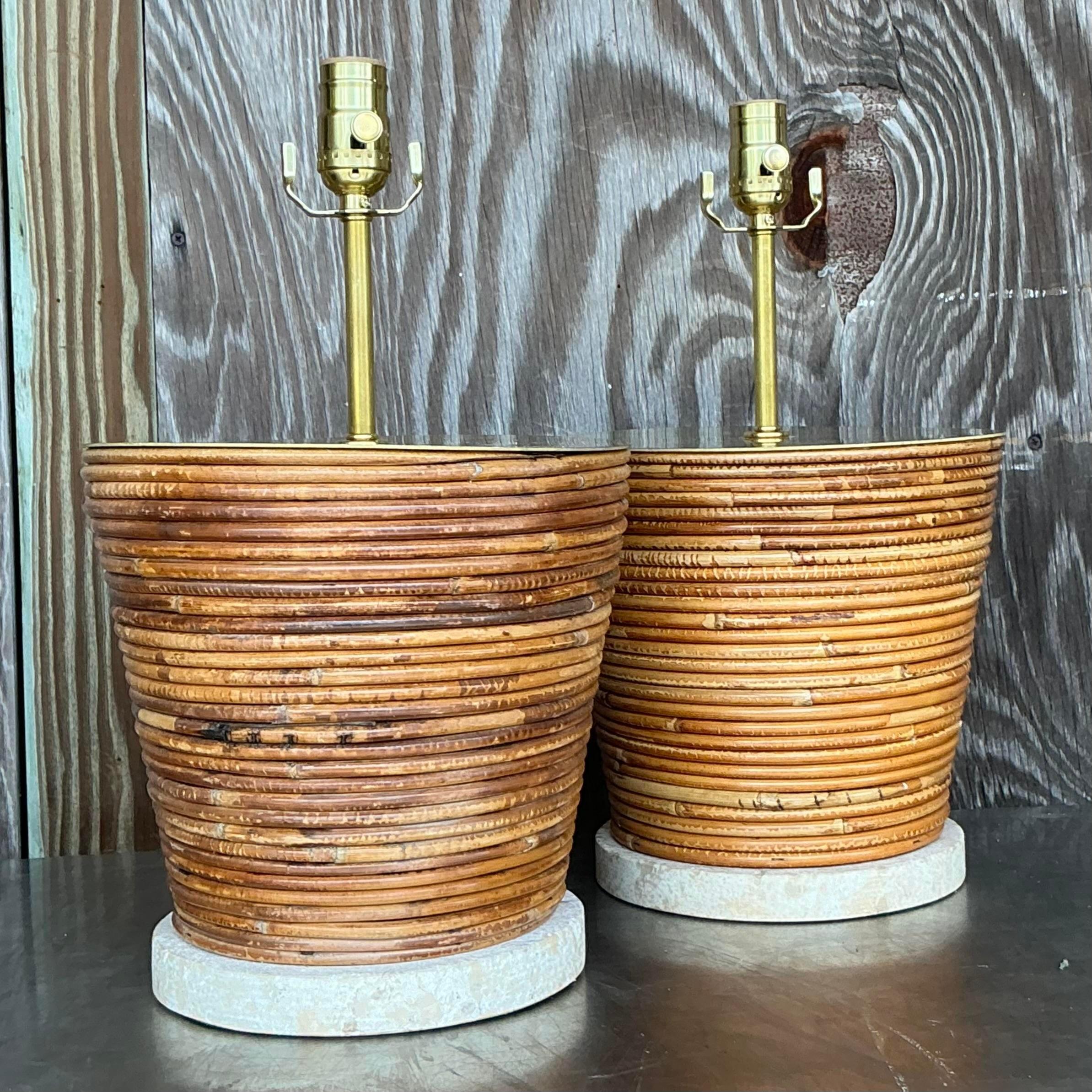 20th Century Vintage Coastal Pencil Reed Lamps With Brass Hardware - a Pair For Sale