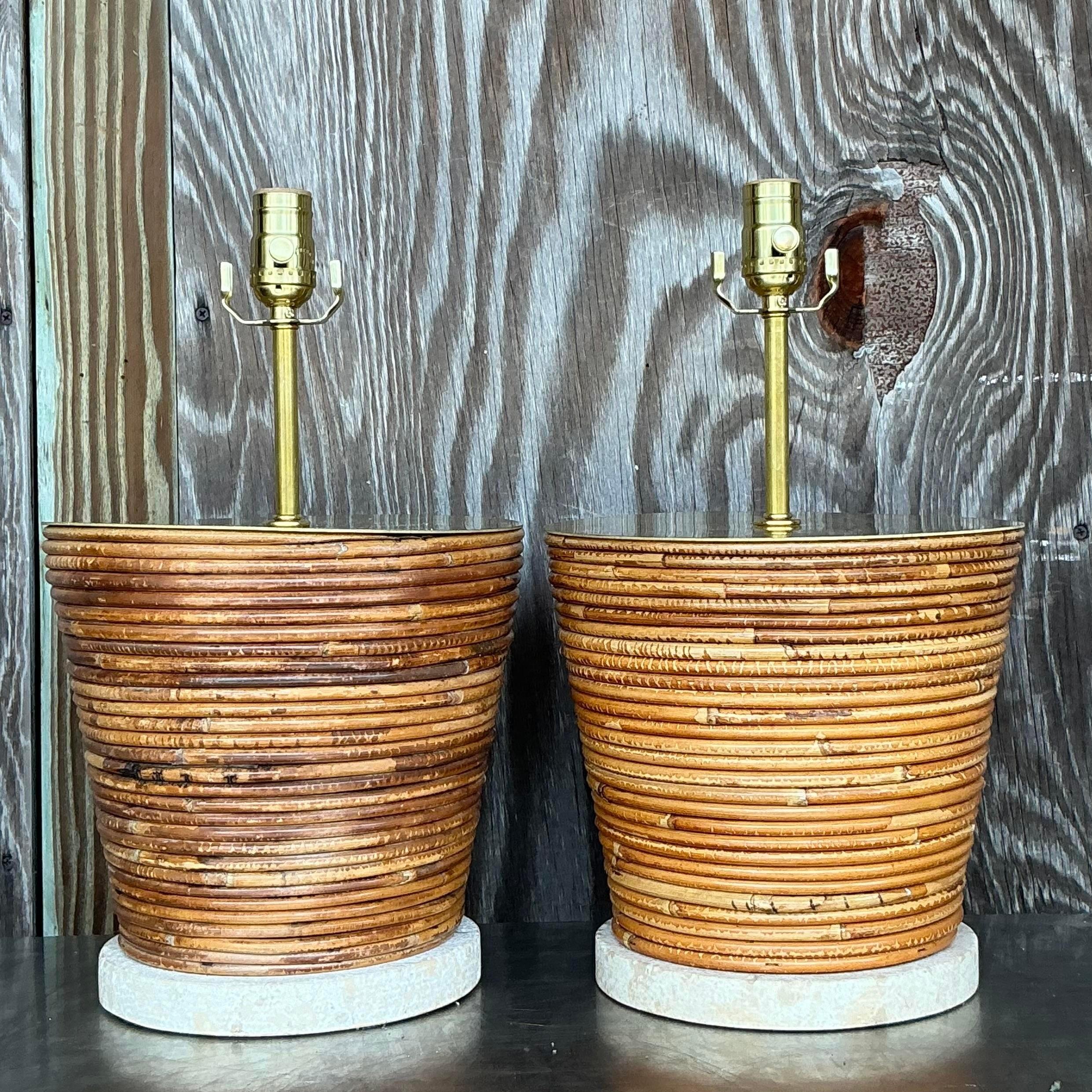 Stone Vintage Coastal Pencil Reed Lamps With Brass Hardware - a Pair For Sale