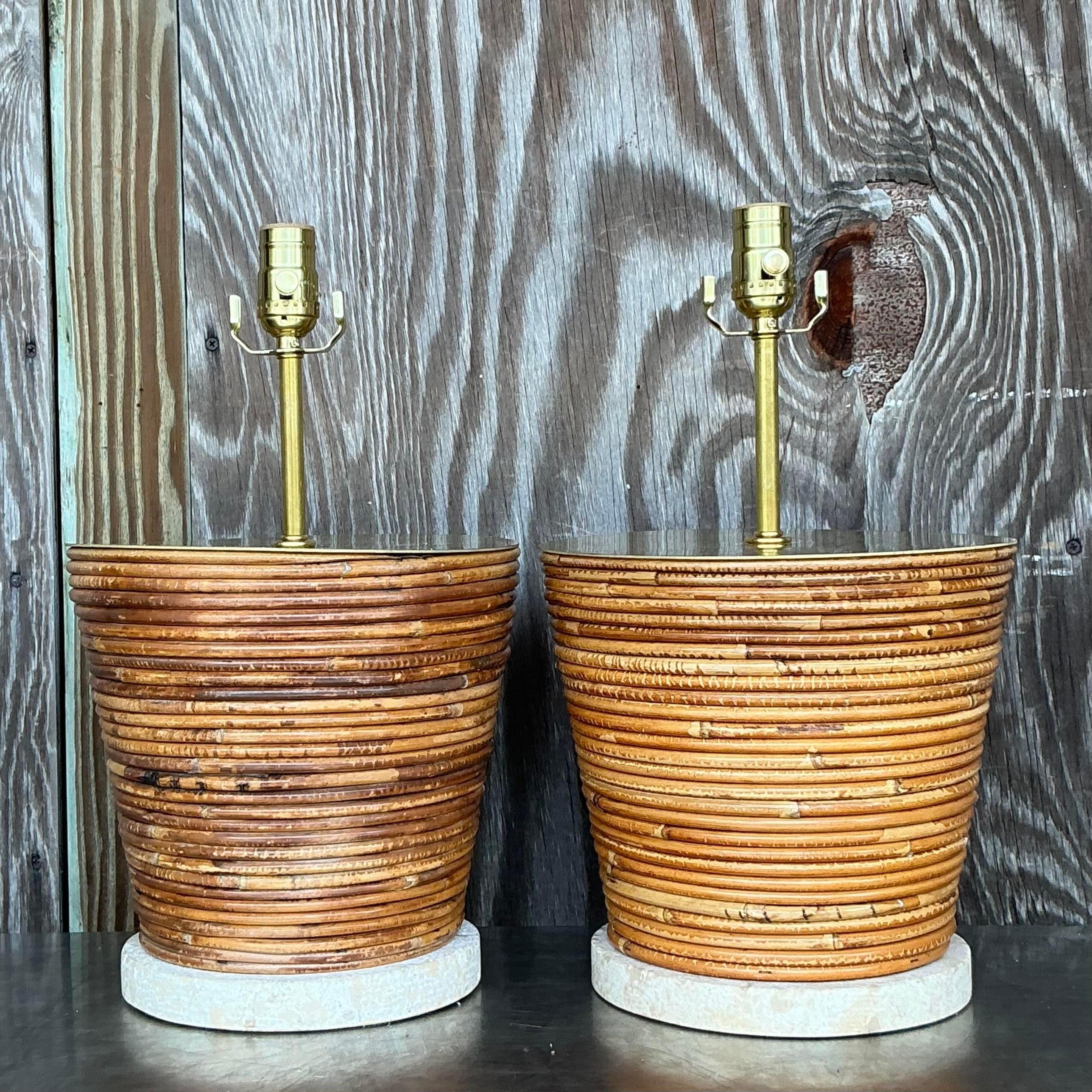 Vintage Coastal Pencil Reed Lamps With Brass Hardware - a Pair For Sale 1