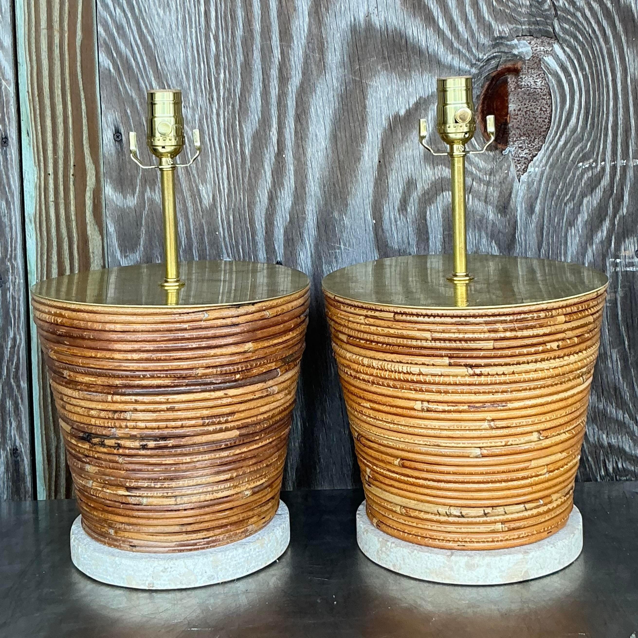 Vintage Coastal Pencil Reed Lamps With Brass Hardware - a Pair For Sale 2