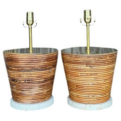 Vintage Coastal Pencil Reed Lamps With Brass Hardware - a Pair