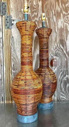 Vintage Coastal Pencil Reed Lamps With Patinated Bronze Hardware - a Pair