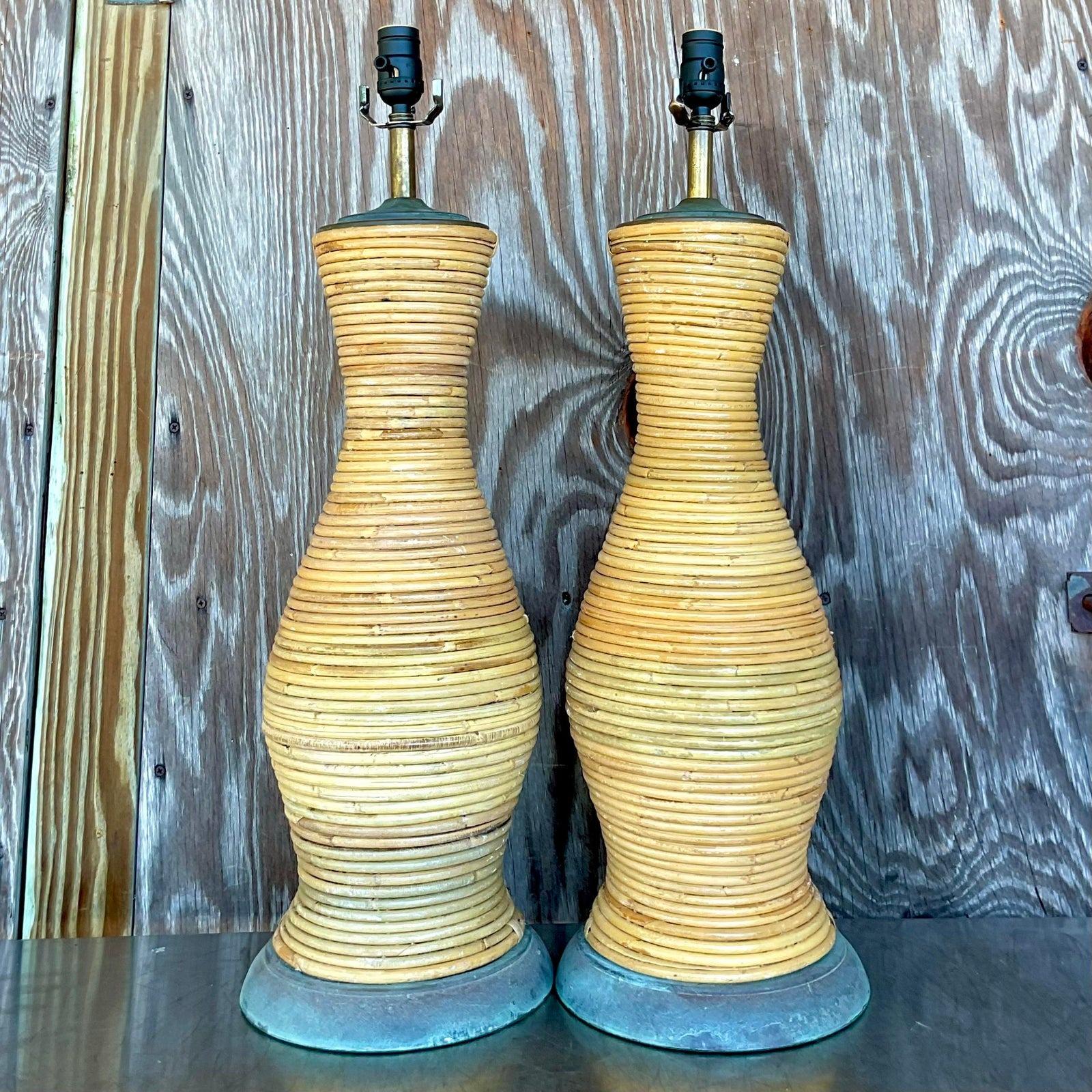 Philippine Vintage Coastal Pencil Reed Lamps With Patinated Bronze Hardware - a Pair