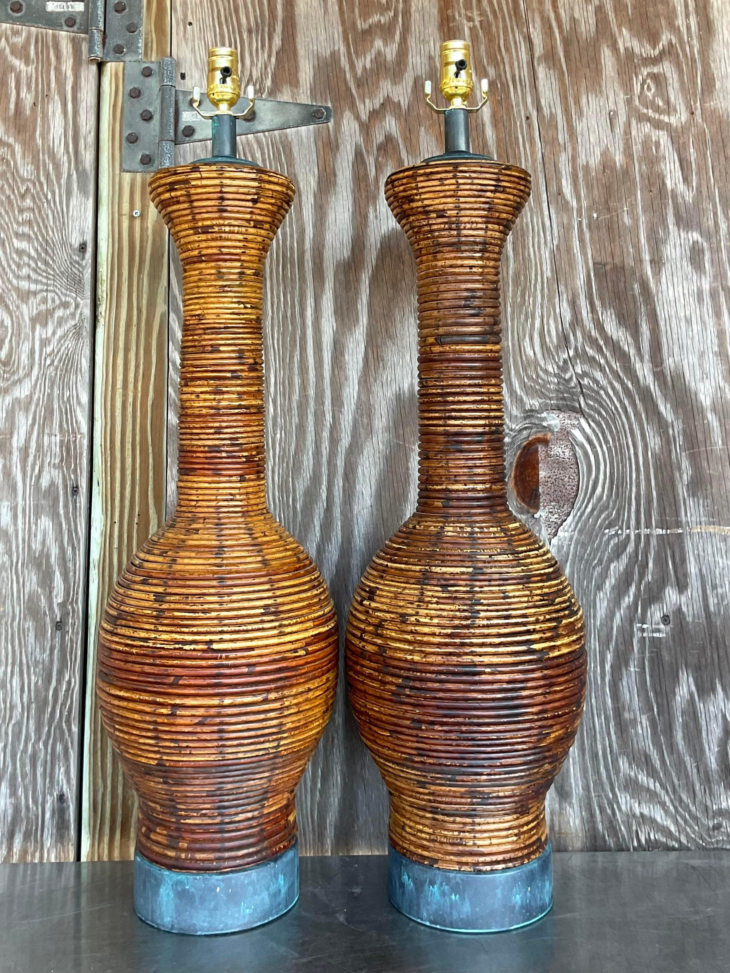 Vintage Coastal Pencil Reed Lamps With Patinated Bronze Hardware - a Pair In Good Condition For Sale In west palm beach, FL