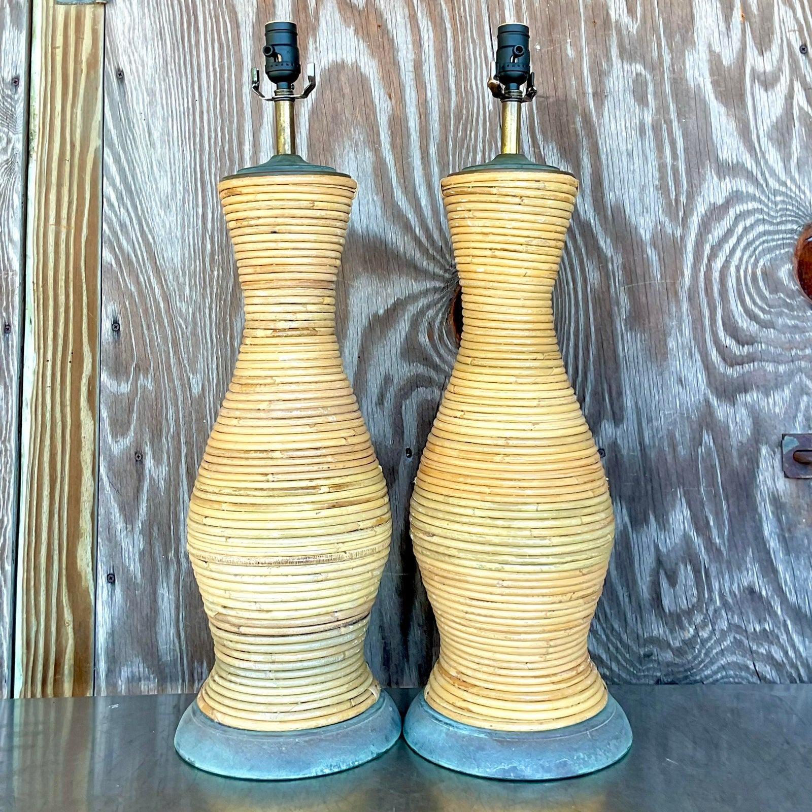 Vintage Coastal Pencil Reed Lamps With Patinated Bronze Hardware - a Pair In Good Condition In west palm beach, FL