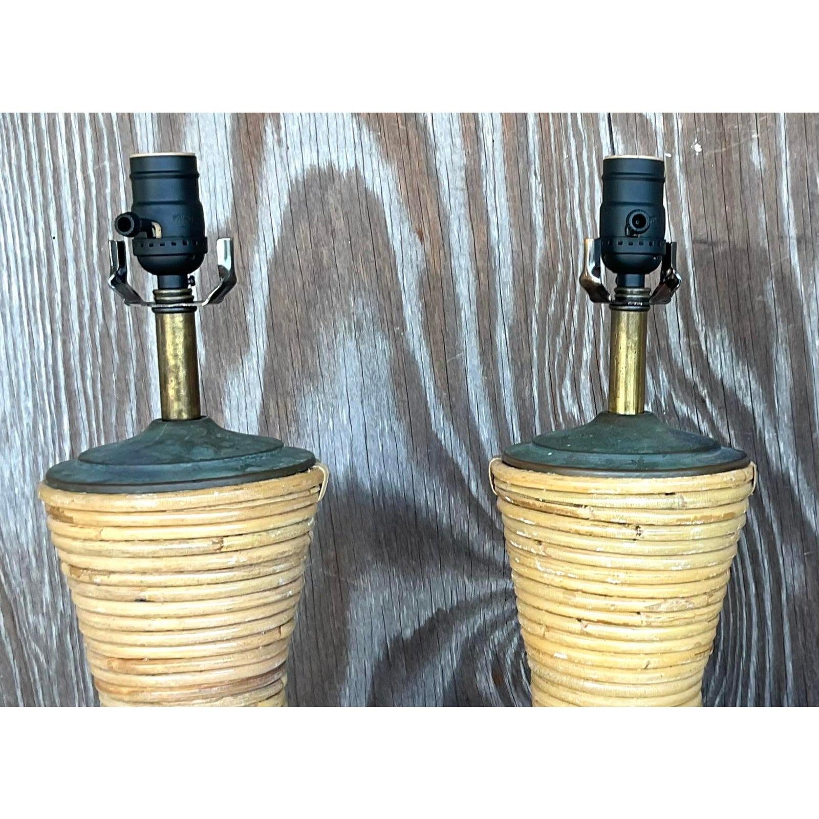 20th Century Vintage Coastal Pencil Reed Lamps With Patinated Bronze Hardware - a Pair