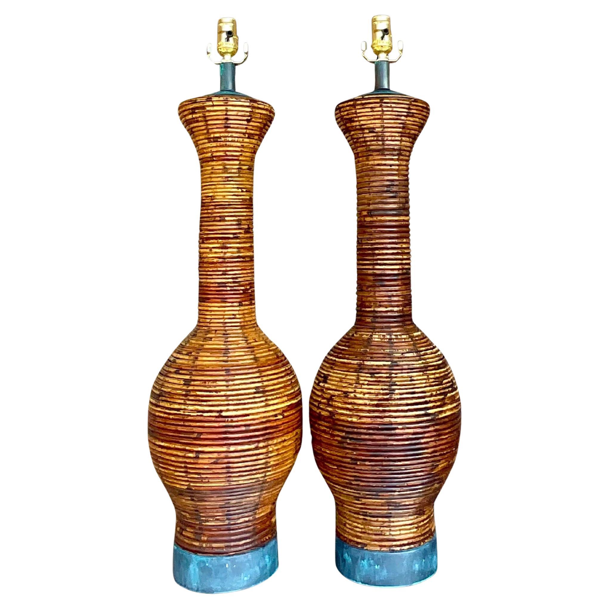 Vintage Coastal Pencil Reed Lamps With Patinated Bronze Hardware - a Pair For Sale