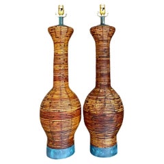 Vintage Coastal Pencil Reed Lamps With Patinated Bronze Hardware - a Pair