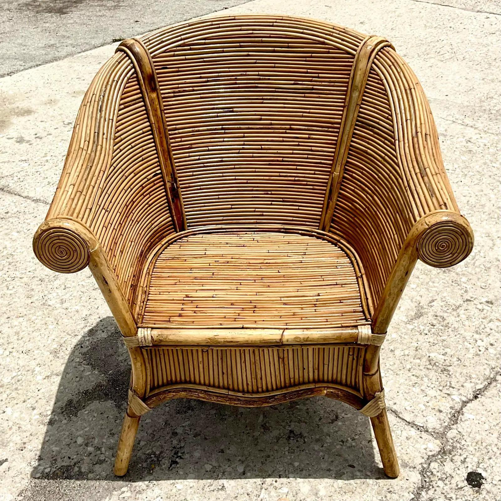 Vintage Coastal Pencil Reed Lounge Chair In Good Condition In west palm beach, FL