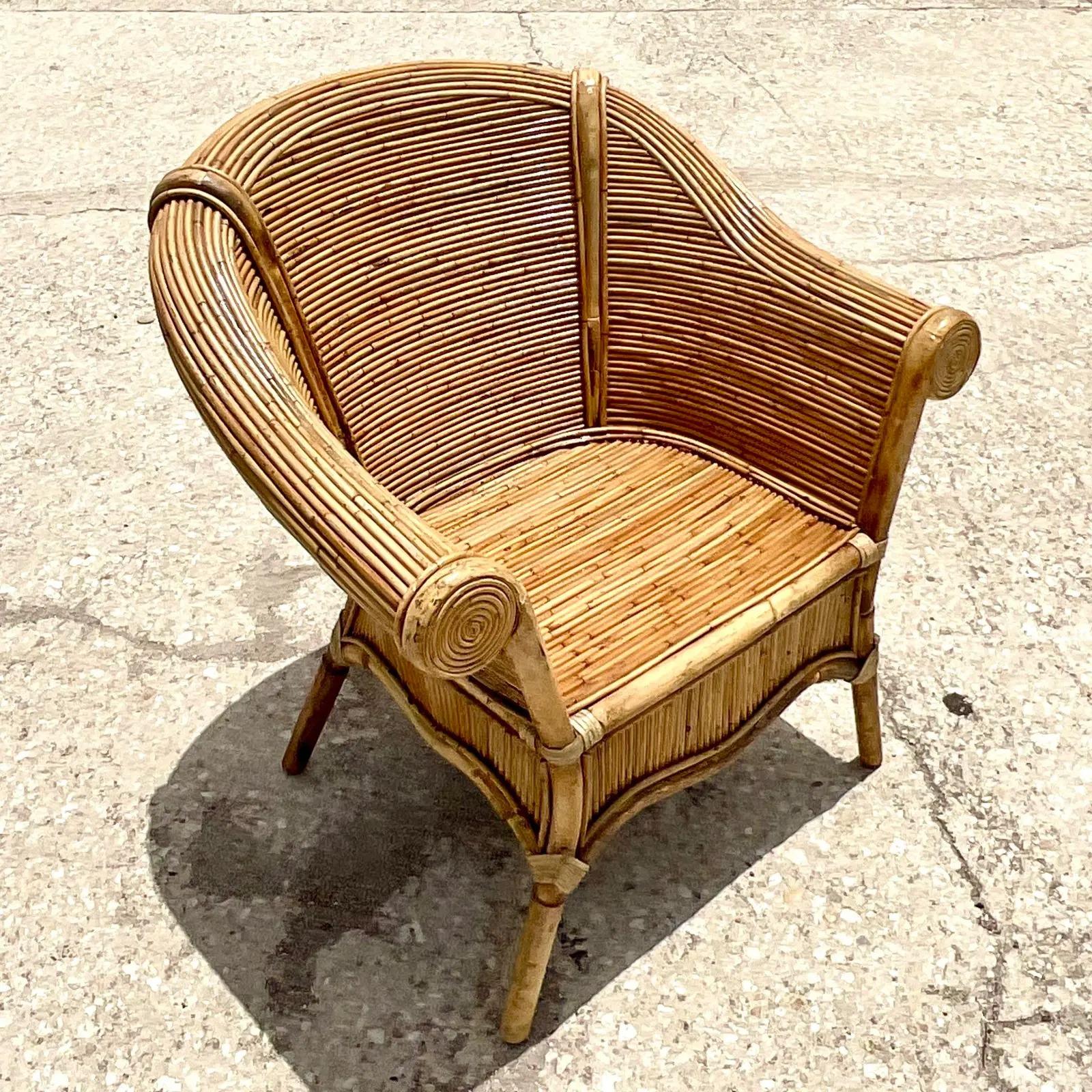 Vintage Coastal Pencil Reed Lounge Chair 3