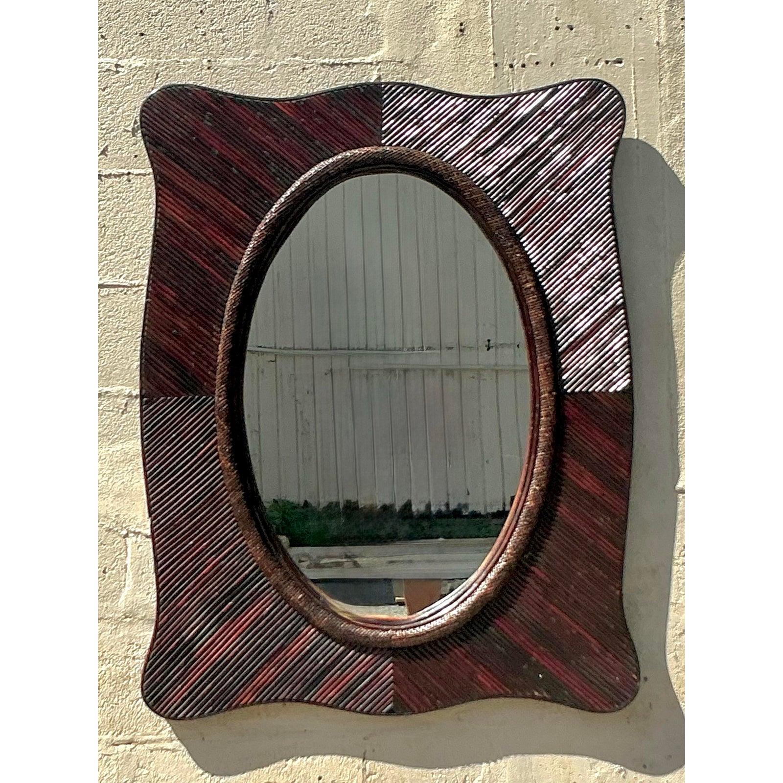 Rotin Vintage Coastal Pencil Reed Mirror en vente