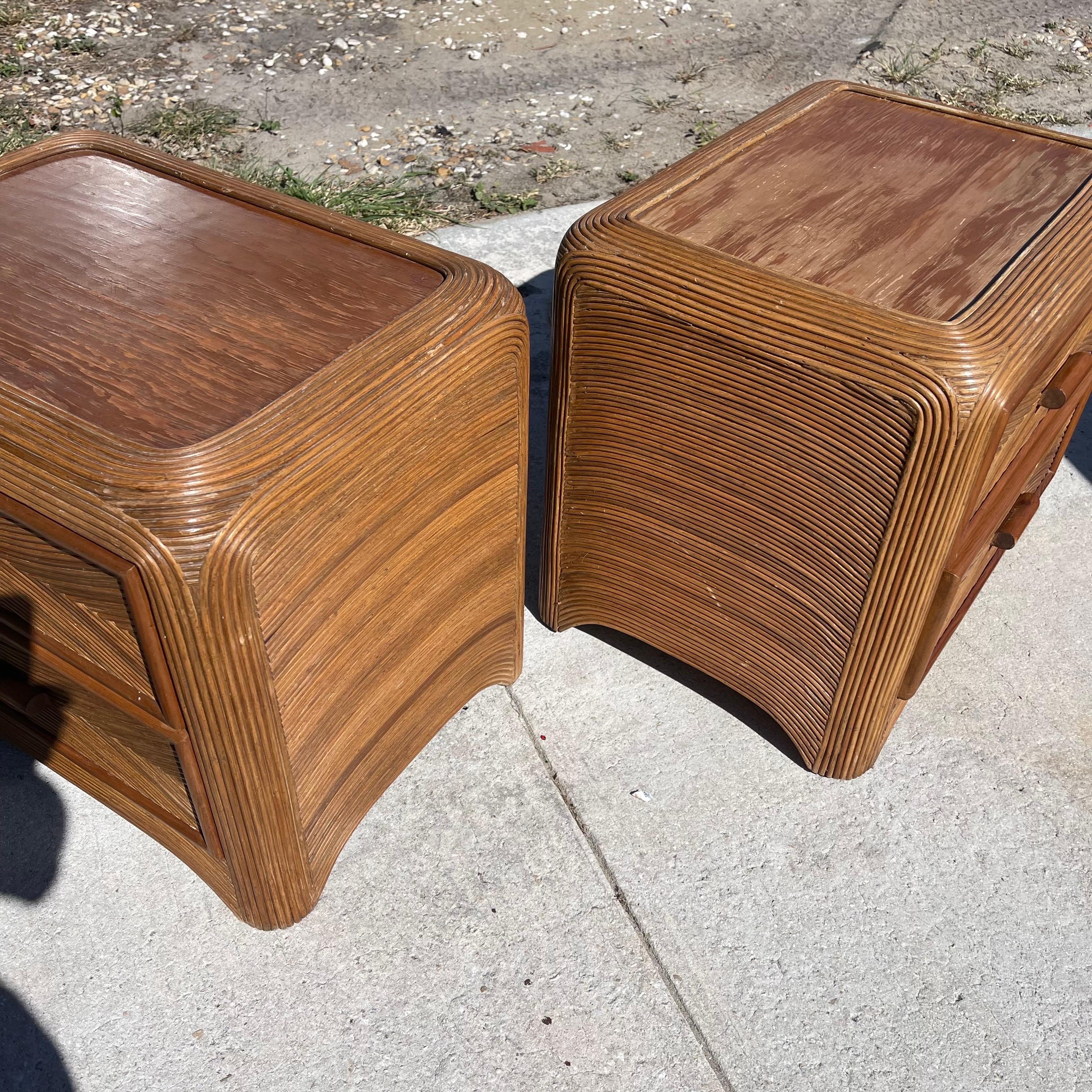 Vintage Coastal Pencil Reed Nightstand Tables w/ Drawers, a Pair For Sale 6