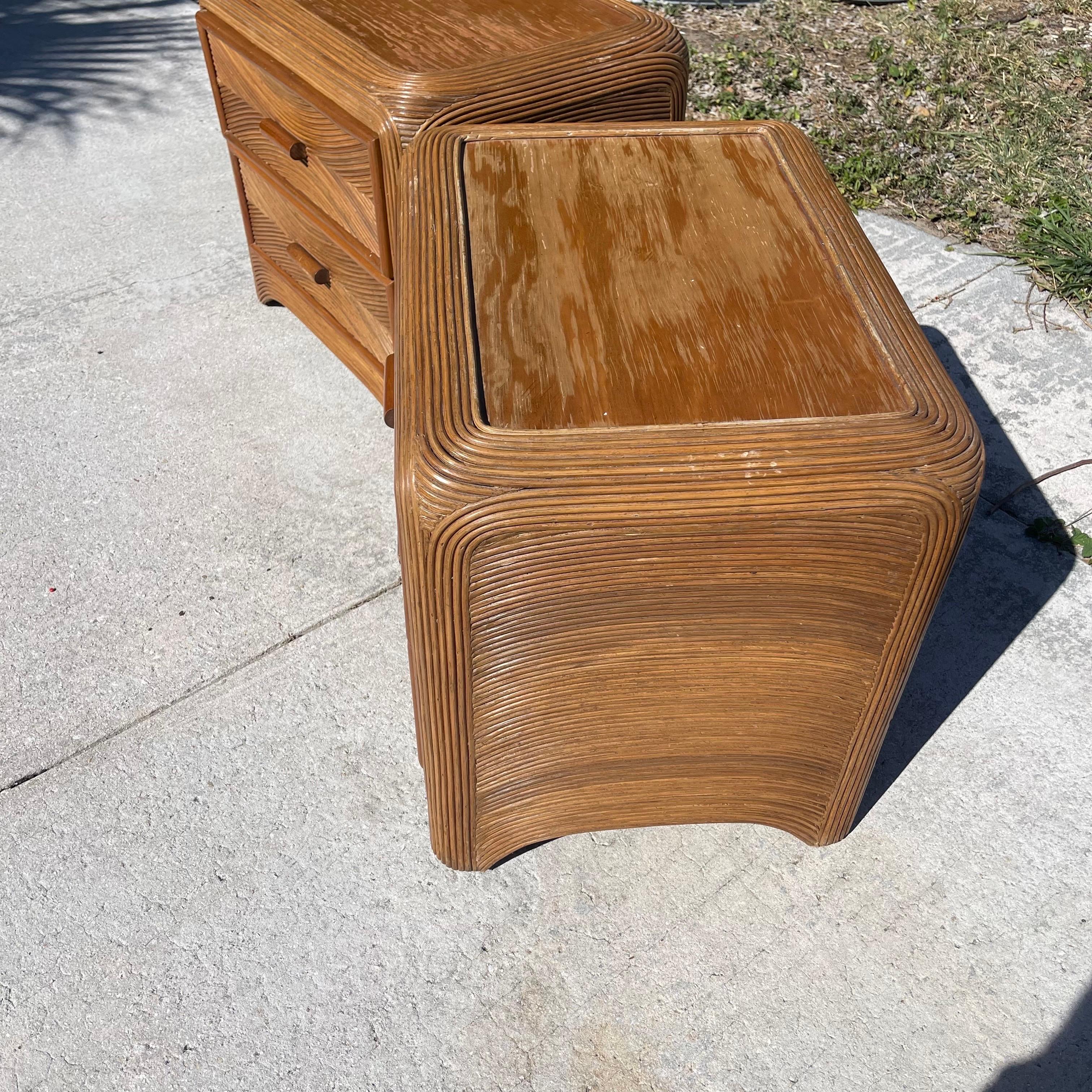 20th Century Vintage Coastal Pencil Reed Nightstand Tables w/ Drawers, a Pair For Sale
