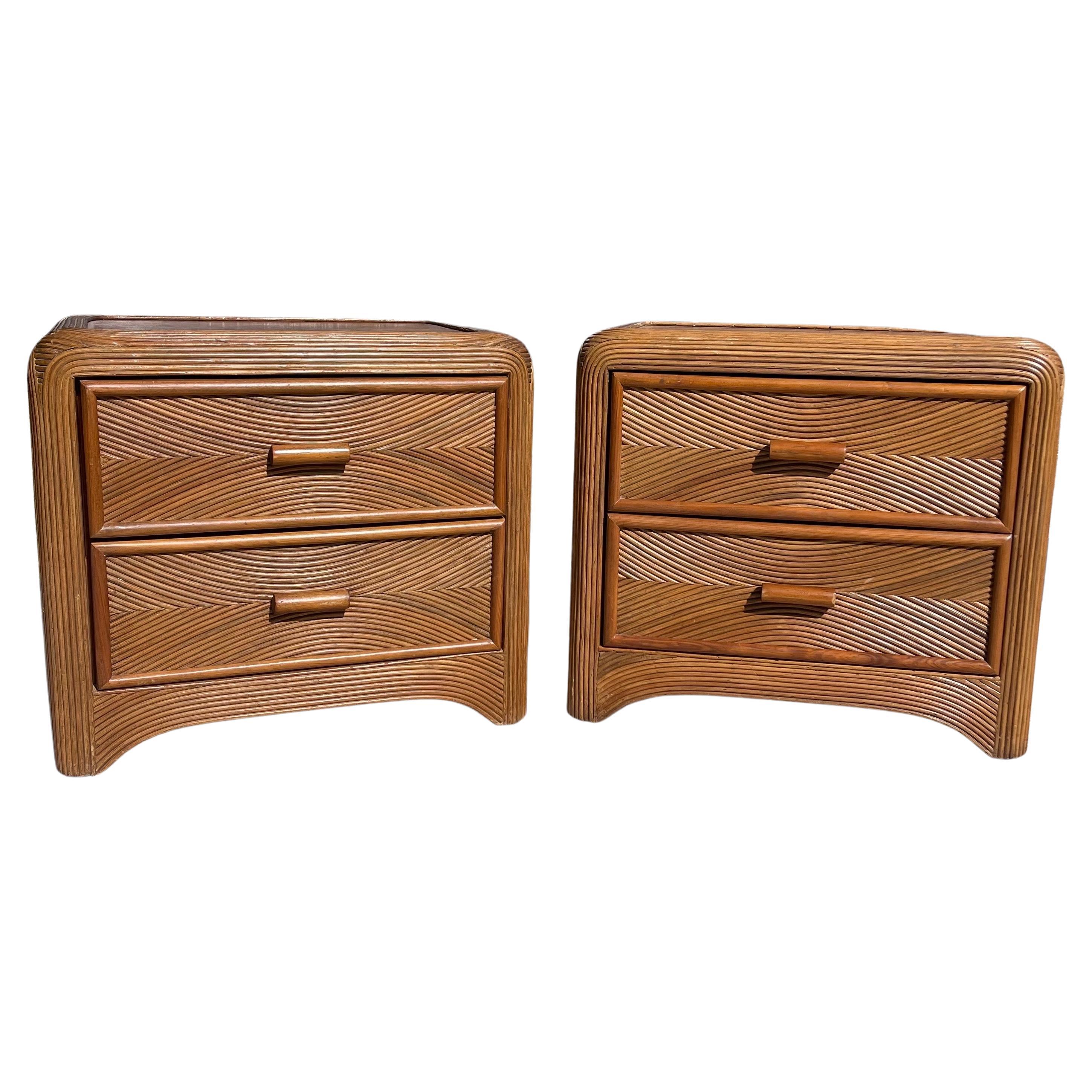 Vintage Coastal Pencil Reed Nightstand Tables w/ Drawers, a Pair For Sale