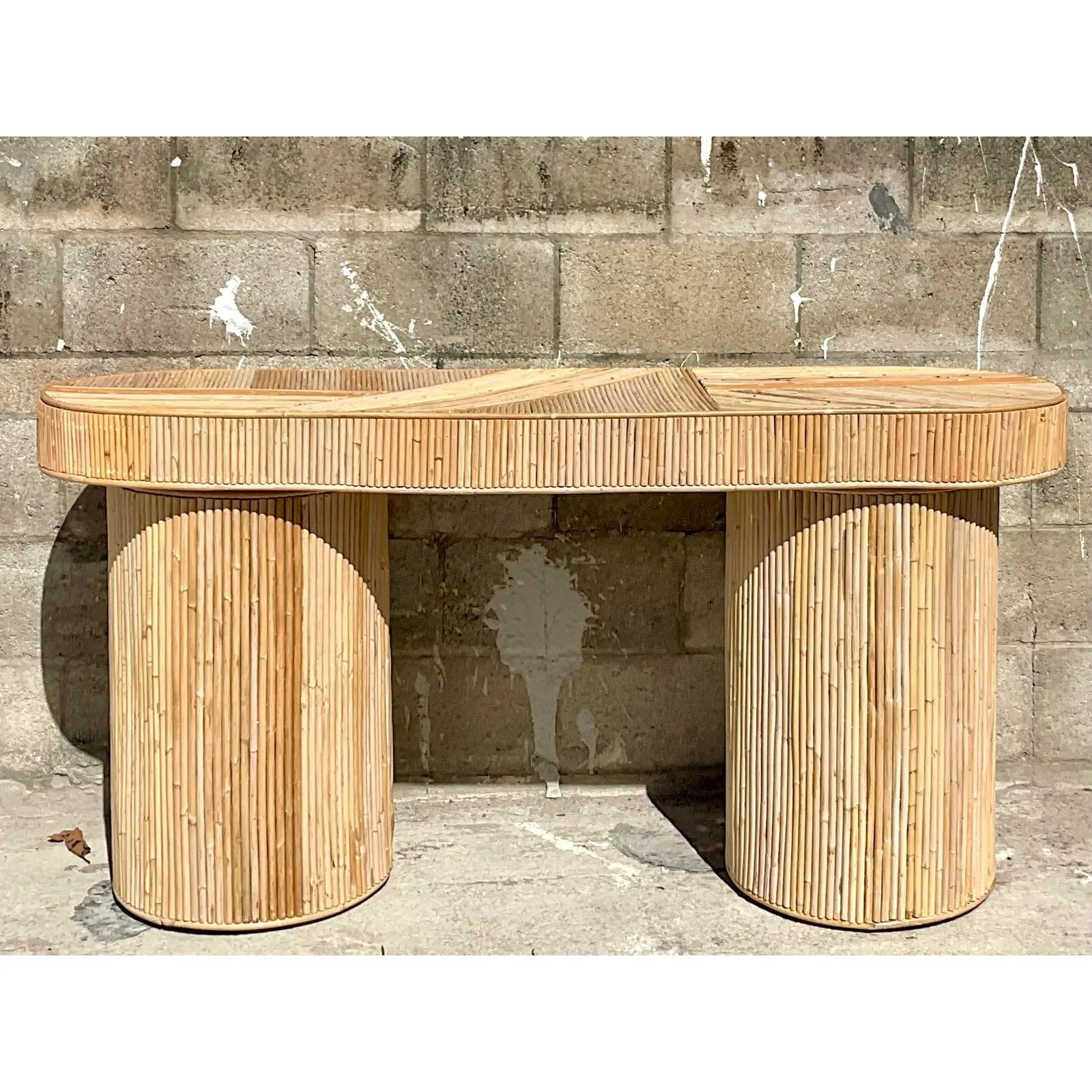 Philippine Vintage Coastal Pencil Reed Oval Console Table