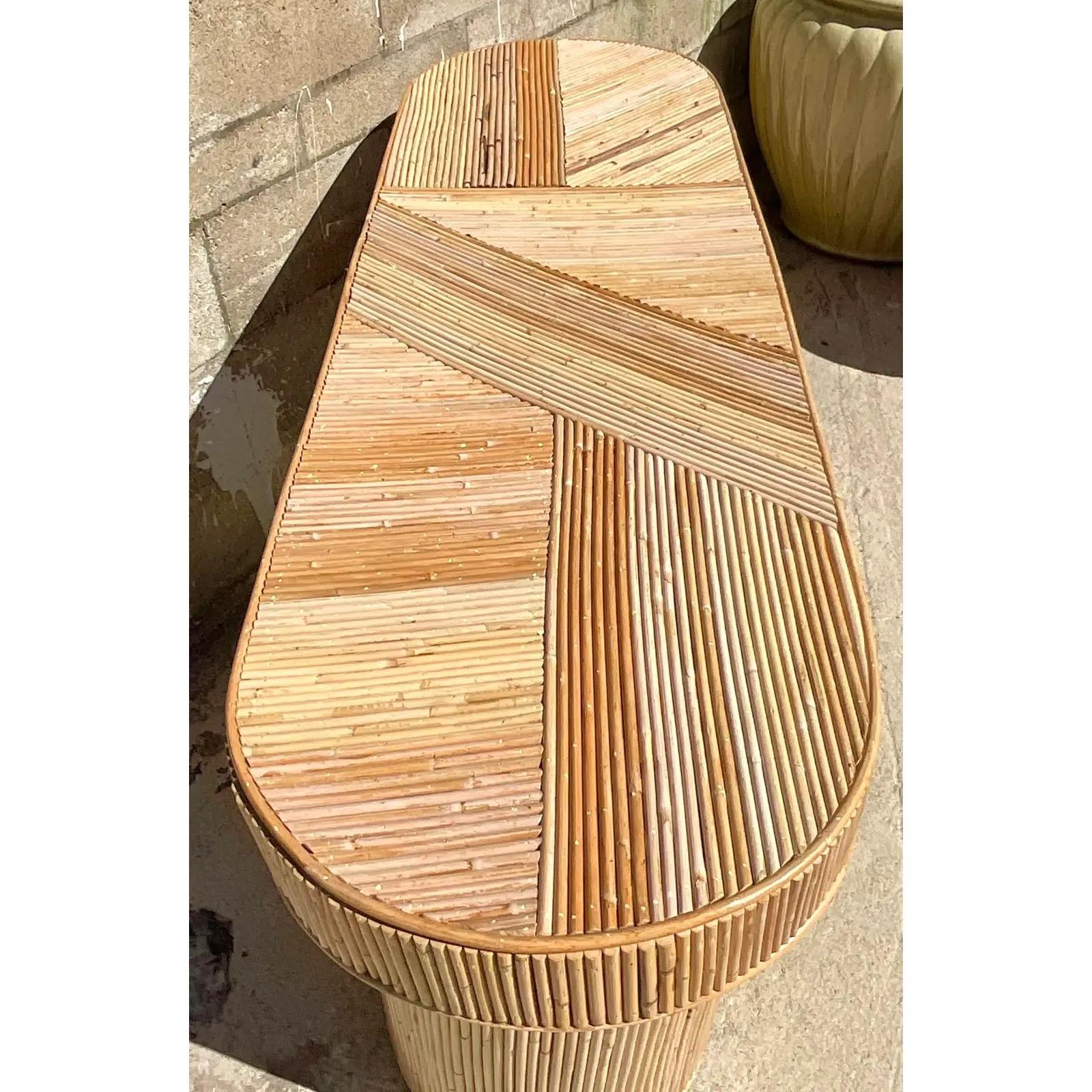 Vintage Coastal Pencil Reed Oval Console Table In Good Condition In west palm beach, FL