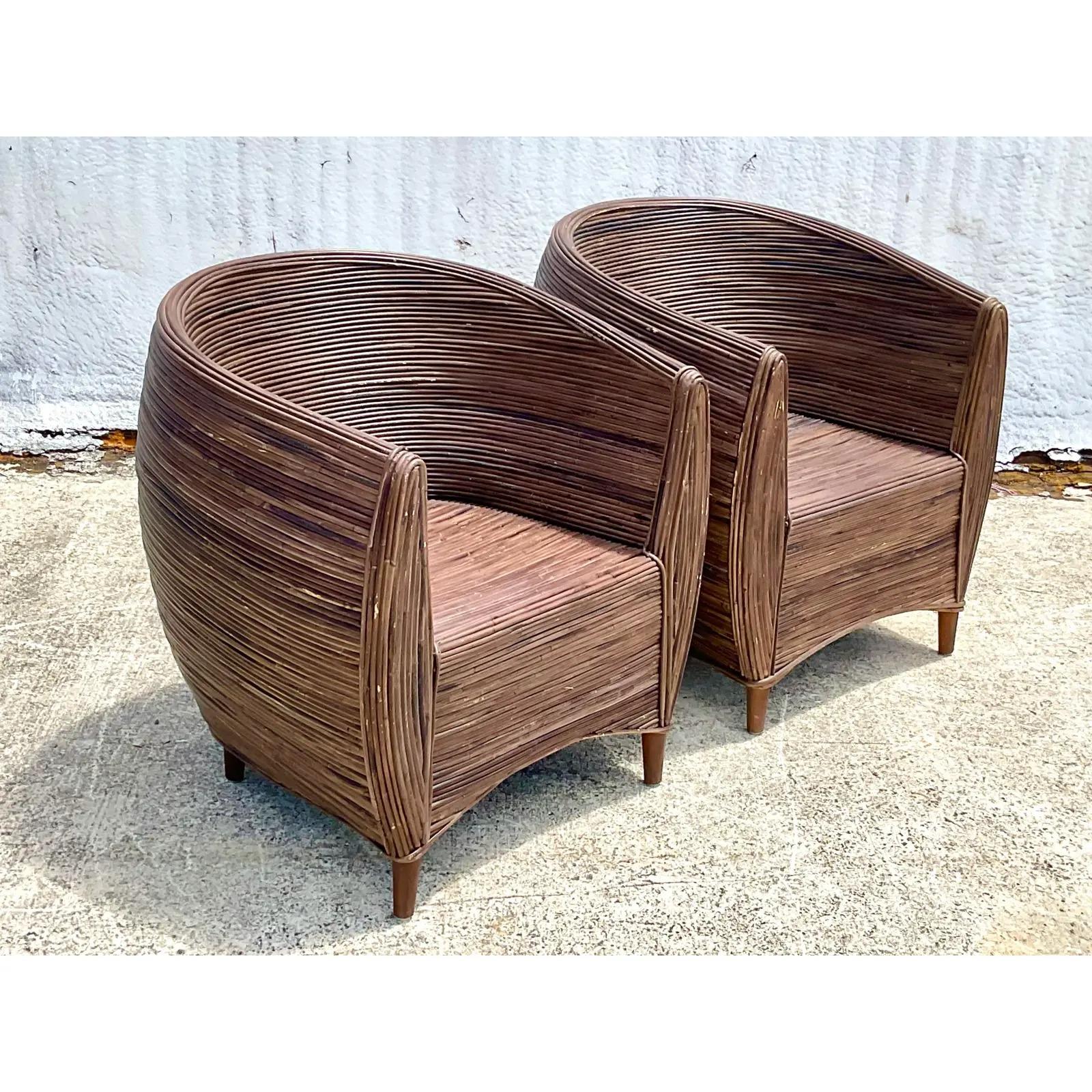 Philippine Vintage Coastal Pencil Reed Pod Chairs, a Pair