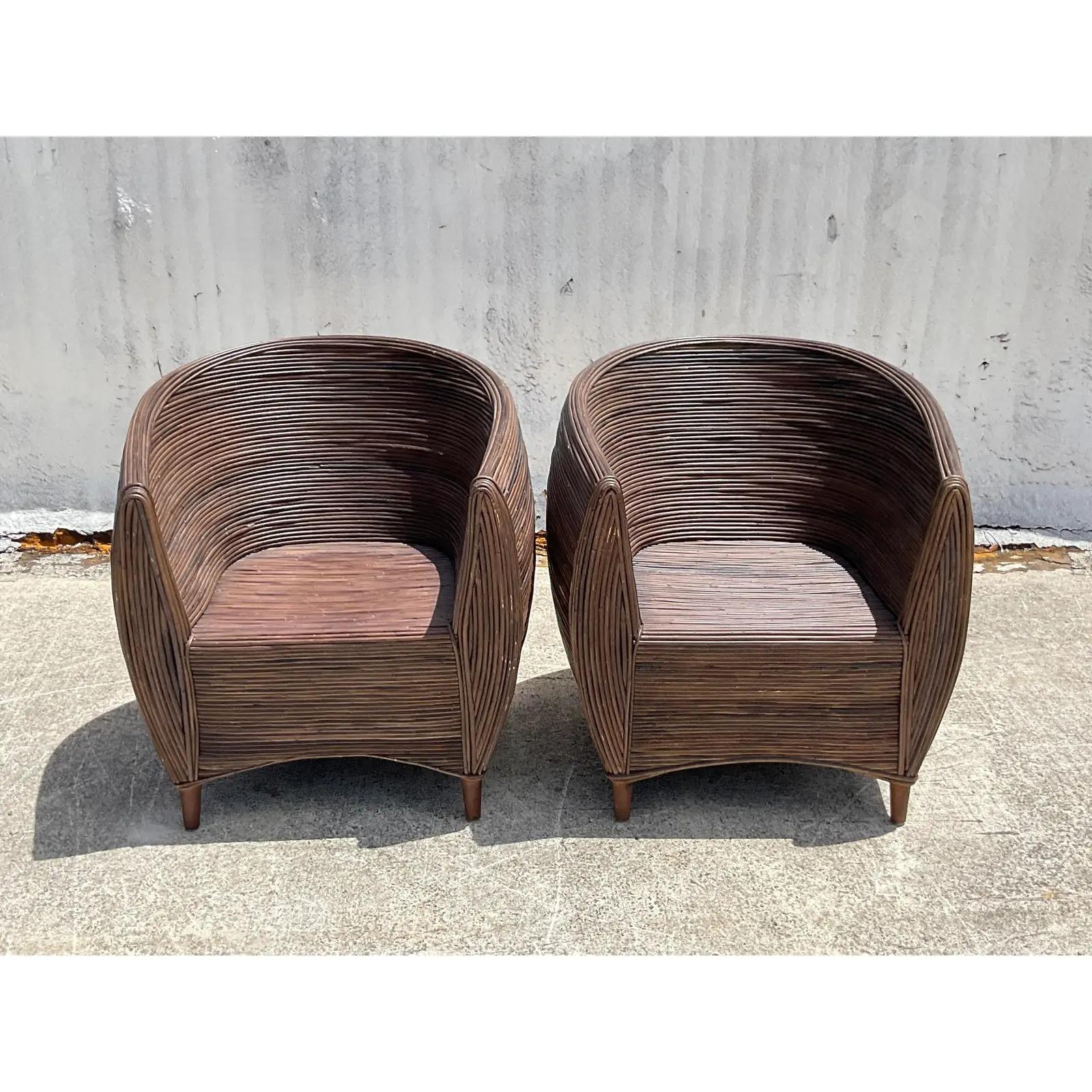 Vintage Coastal Pencil Reed Pod Chairs, a Pair In Good Condition In west palm beach, FL