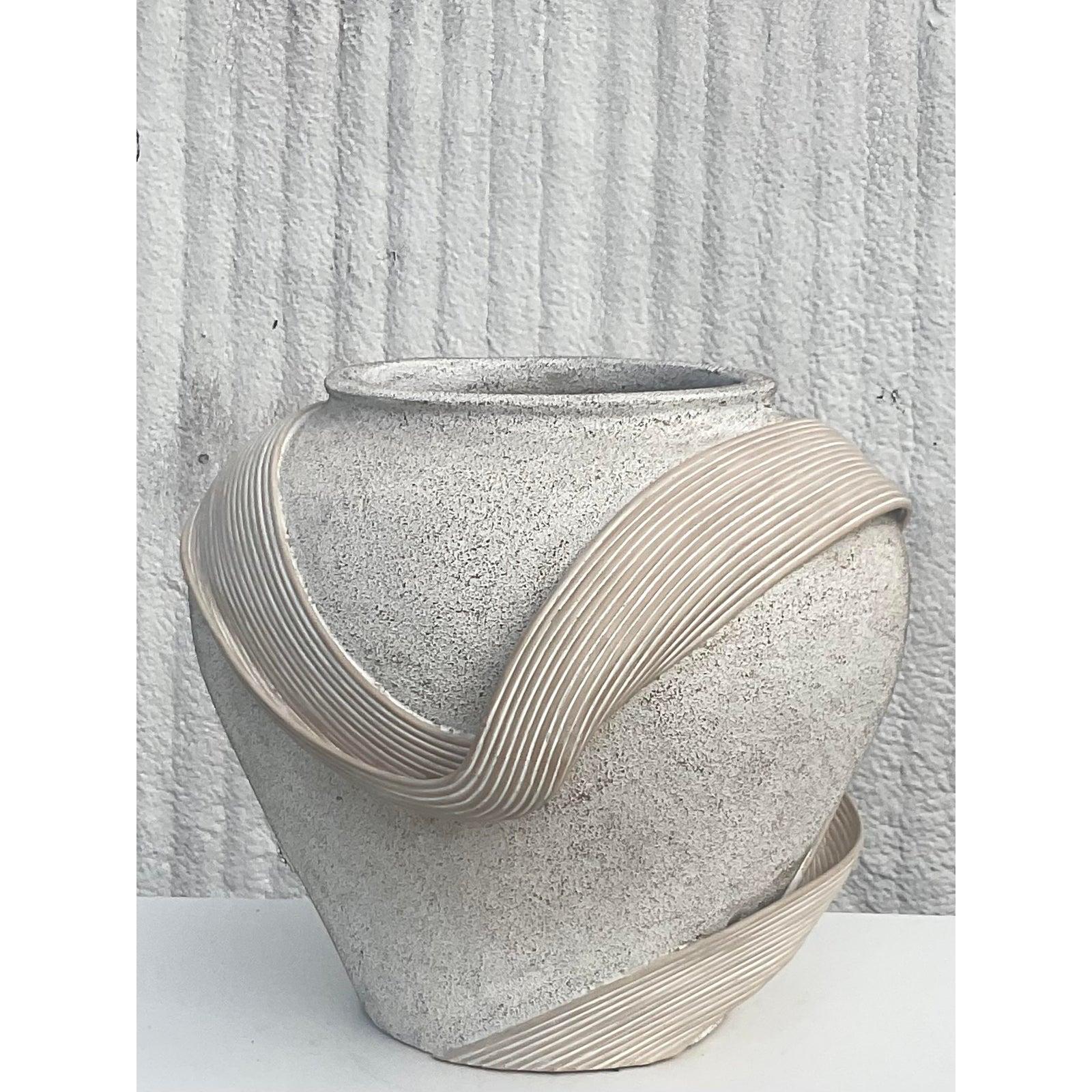 Vintage Coastal Pencil Reed Ribbon Plaster Urn 1