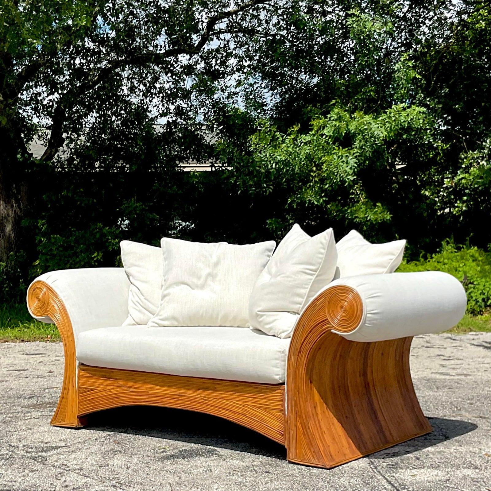 Philippine Vintage Coastal Pencil Reed Roll Arm Sofa