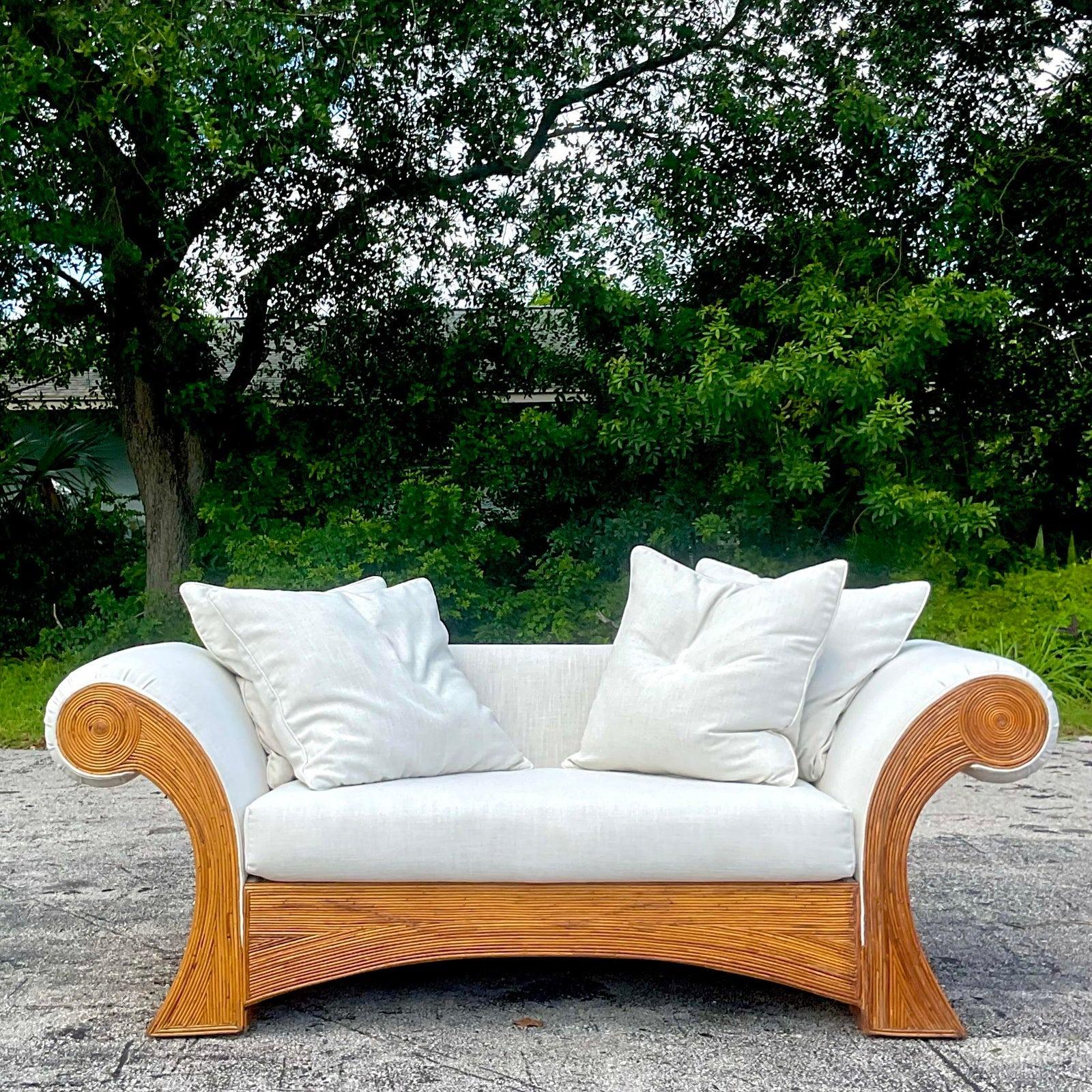 Vintage Coastal Pencil Reed Roll Arm Sofa In Good Condition In West Palm Beach, FL