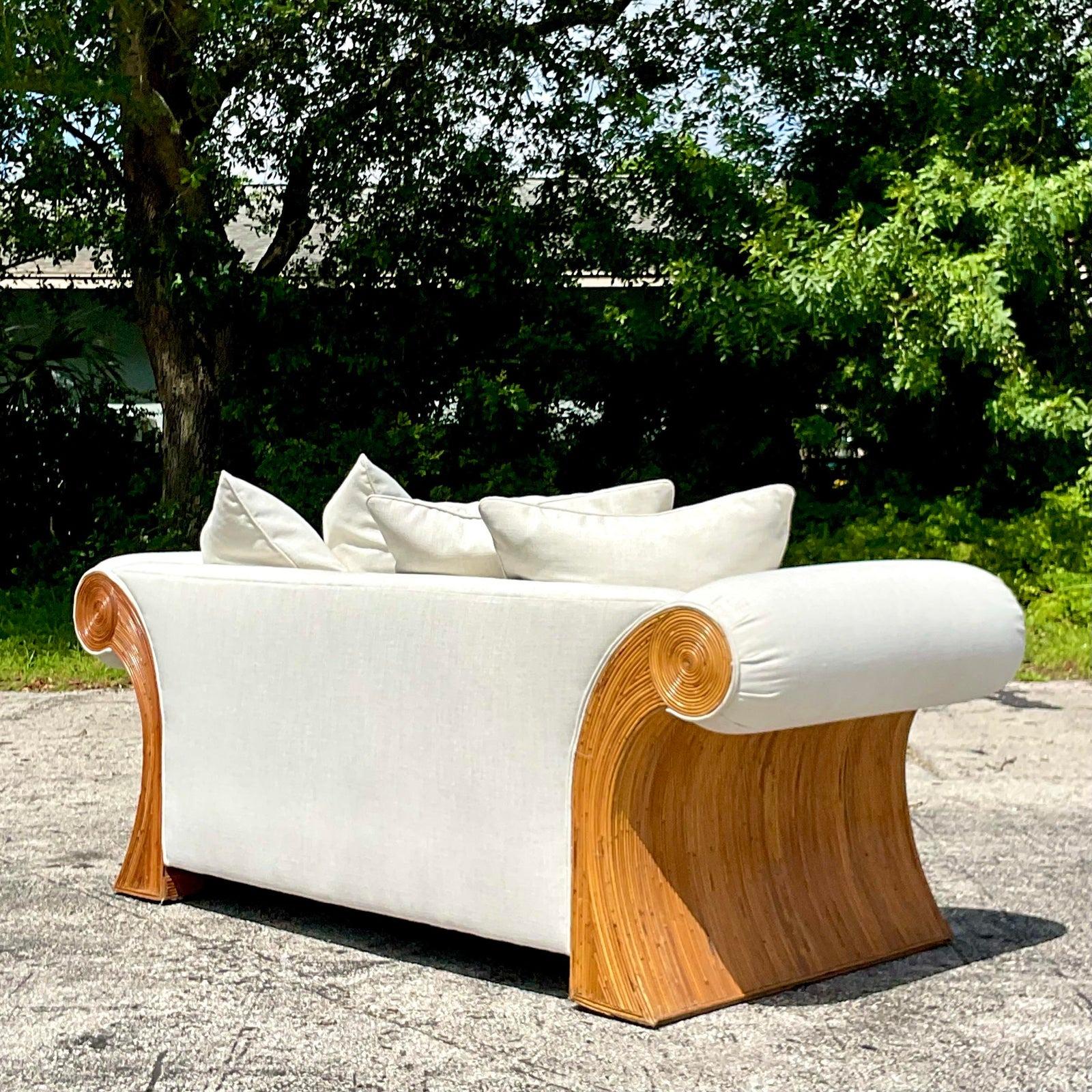 20th Century Vintage Coastal Pencil Reed Roll Arm Sofa