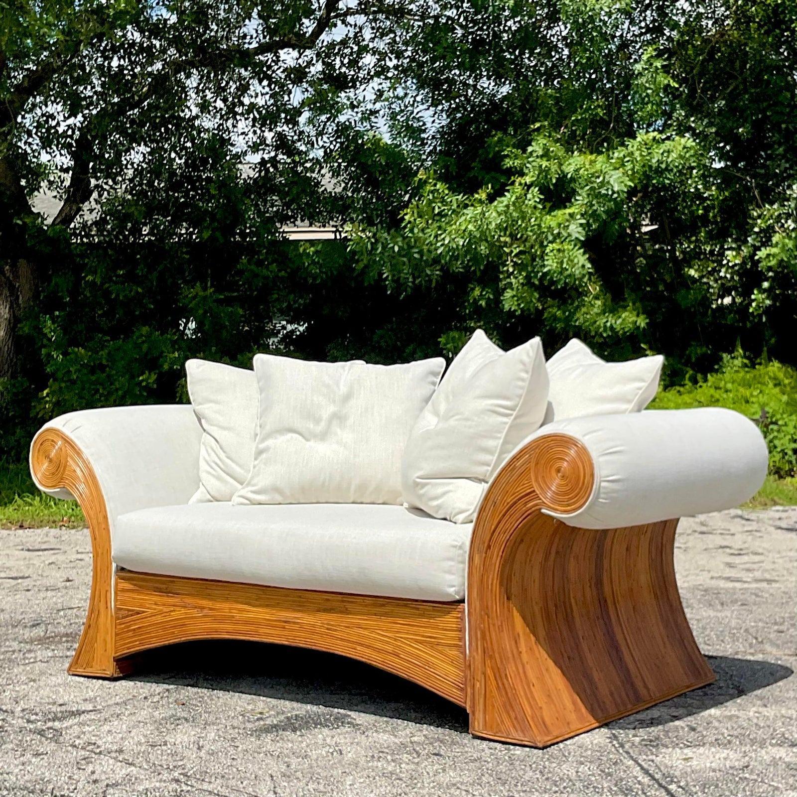 Cotton Vintage Coastal Pencil Reed Roll Arm Sofa