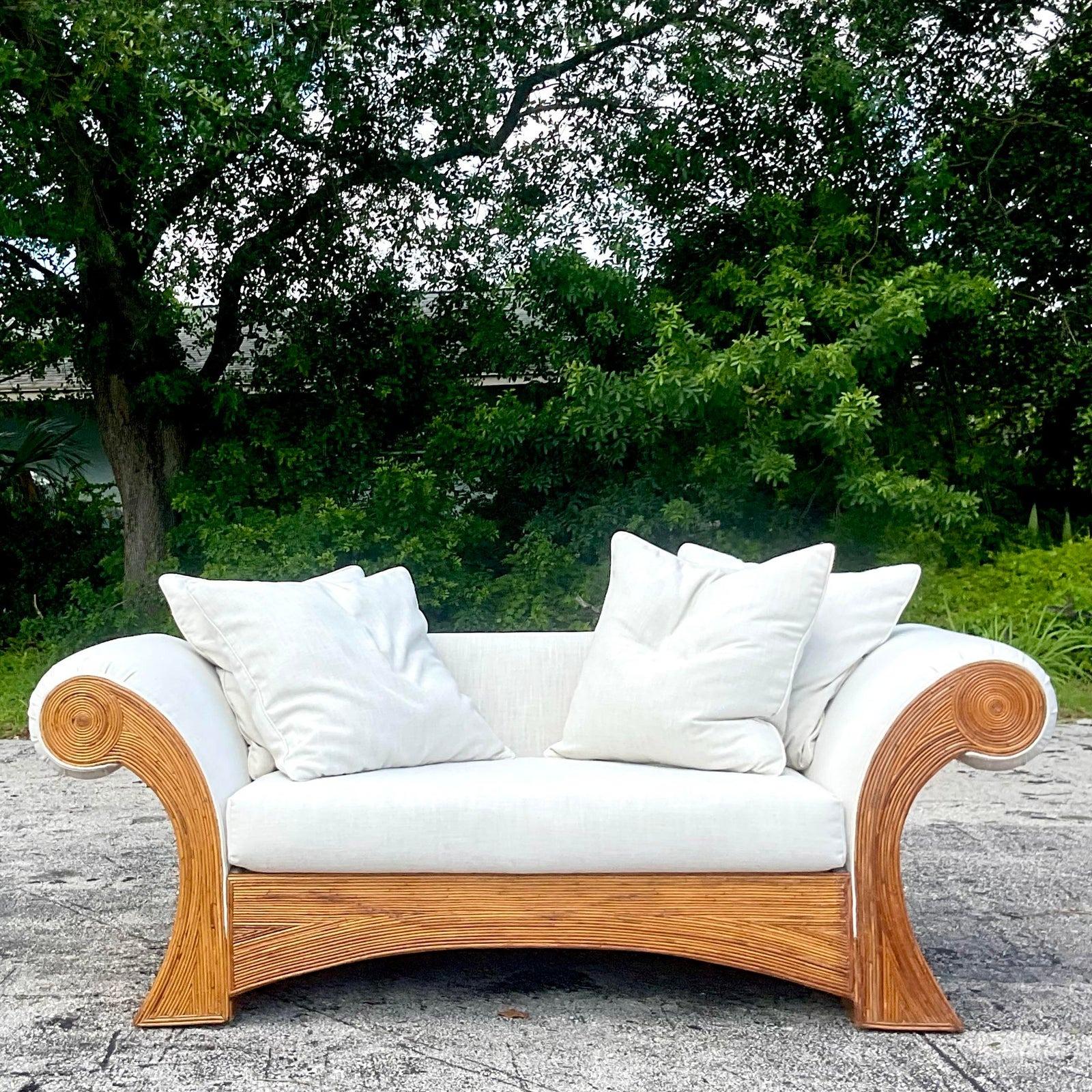 Vintage Coastal Pencil Reed Roll Arm Sofa 1